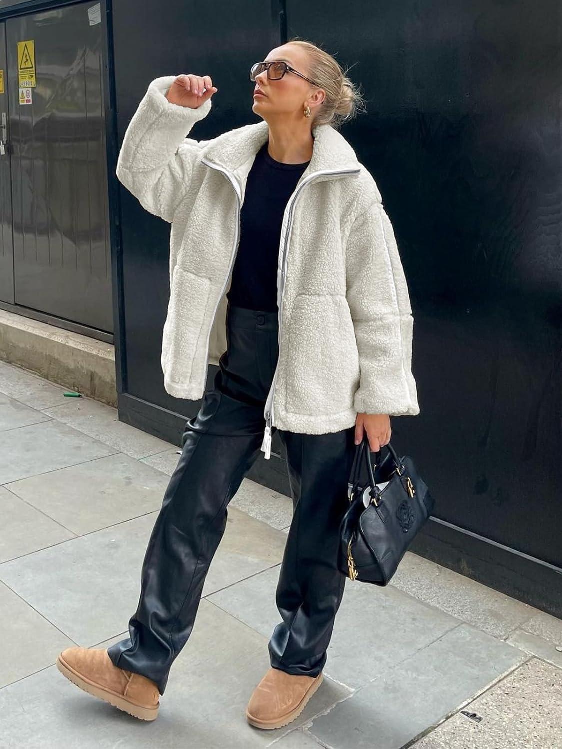 imageTankaneo Womens Oversized Sherpa Fleece Jacket Zip Up Teddy Coat Winter Warm Stand Collar Fuzzy OuterwearBeige