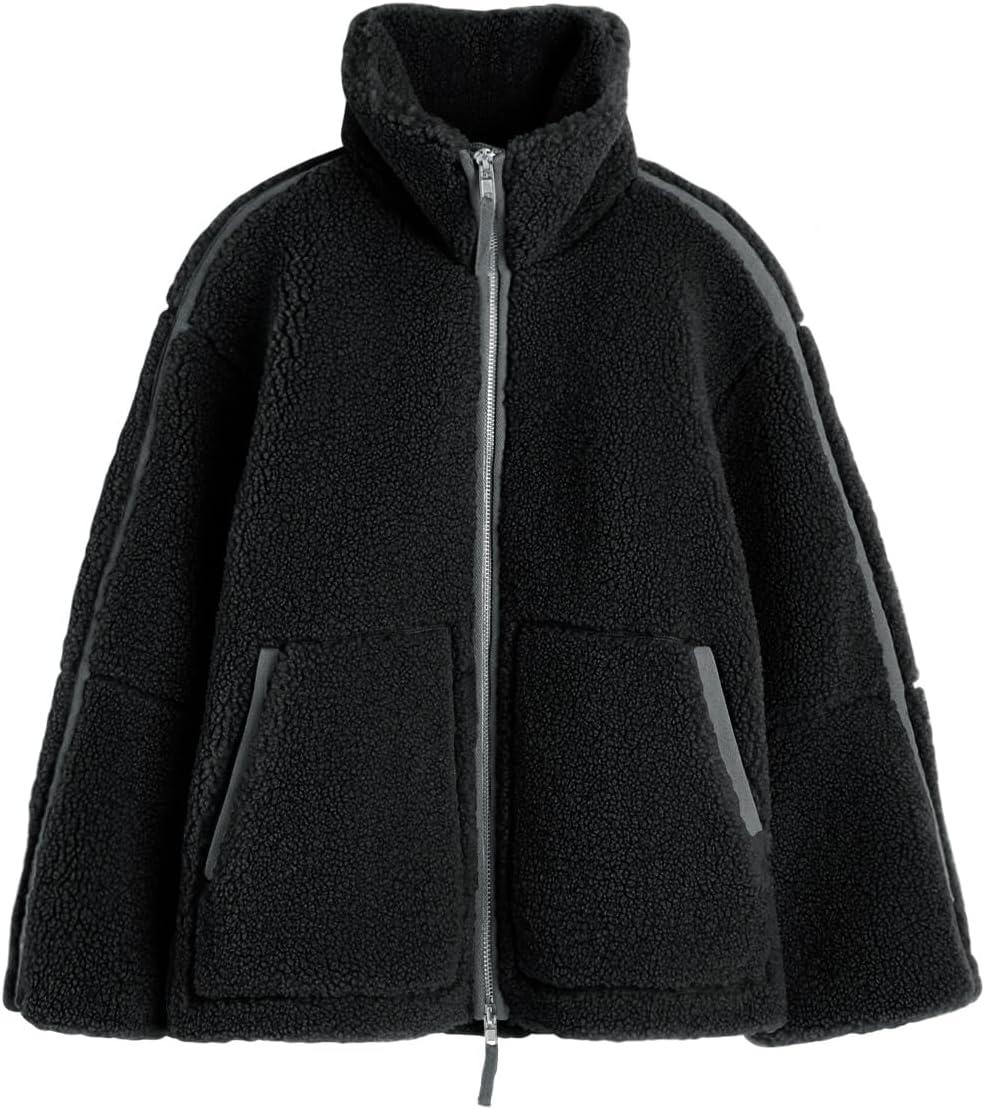 imageTankaneo Womens Oversized Sherpa Fleece Jacket Zip Up Teddy Coat Winter Warm Stand Collar Fuzzy OuterwearBlack
