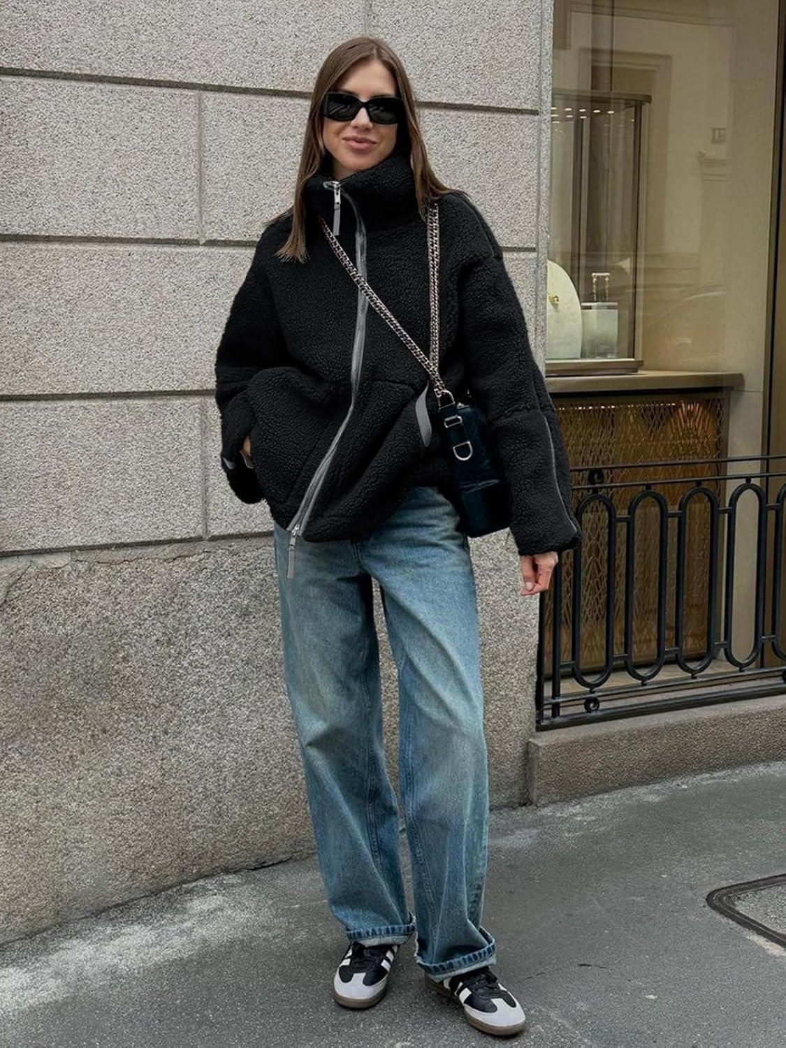 imageTankaneo Womens Oversized Sherpa Fleece Jacket Zip Up Teddy Coat Winter Warm Stand Collar Fuzzy OuterwearBlack