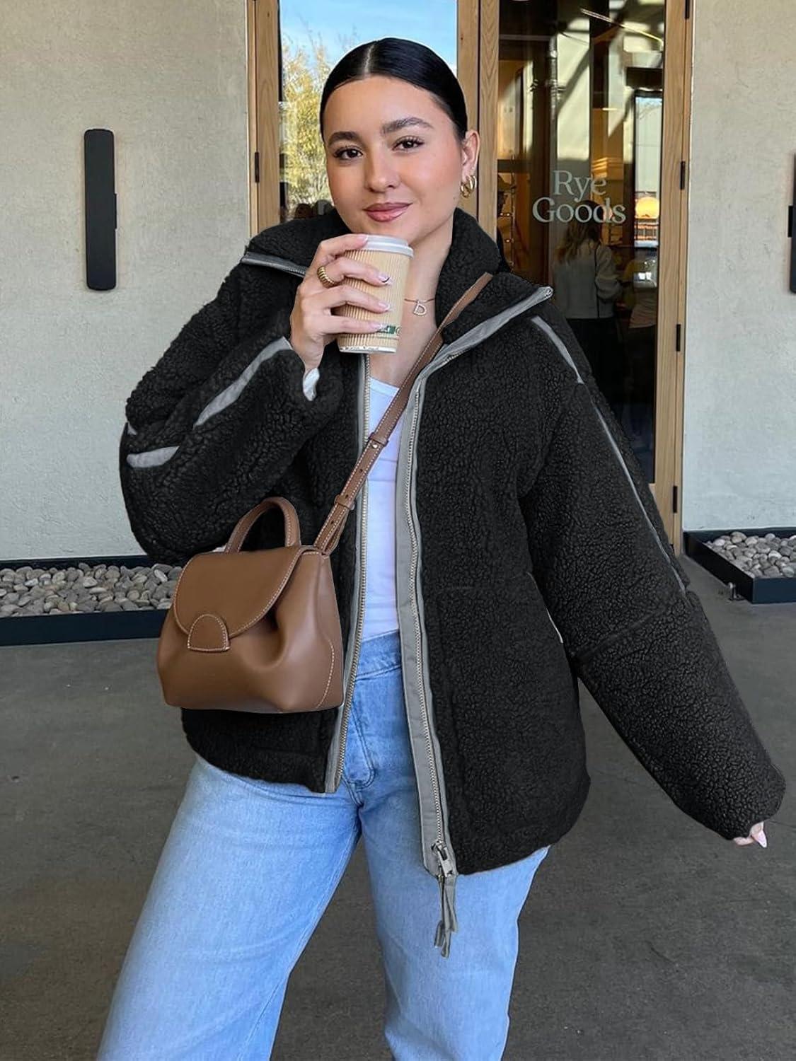 imageTankaneo Womens Oversized Sherpa Fleece Jacket Zip Up Teddy Coat Winter Warm Stand Collar Fuzzy OuterwearBlack