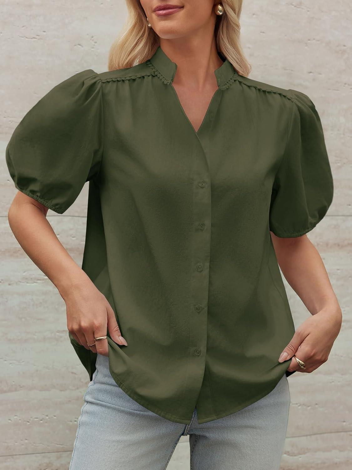 imageTankaneo Womens Puff Sleeve Button Down Shirts Cotton Pleated Loose Fit Tops Summer Dressy Casual BlousesArmy Green
