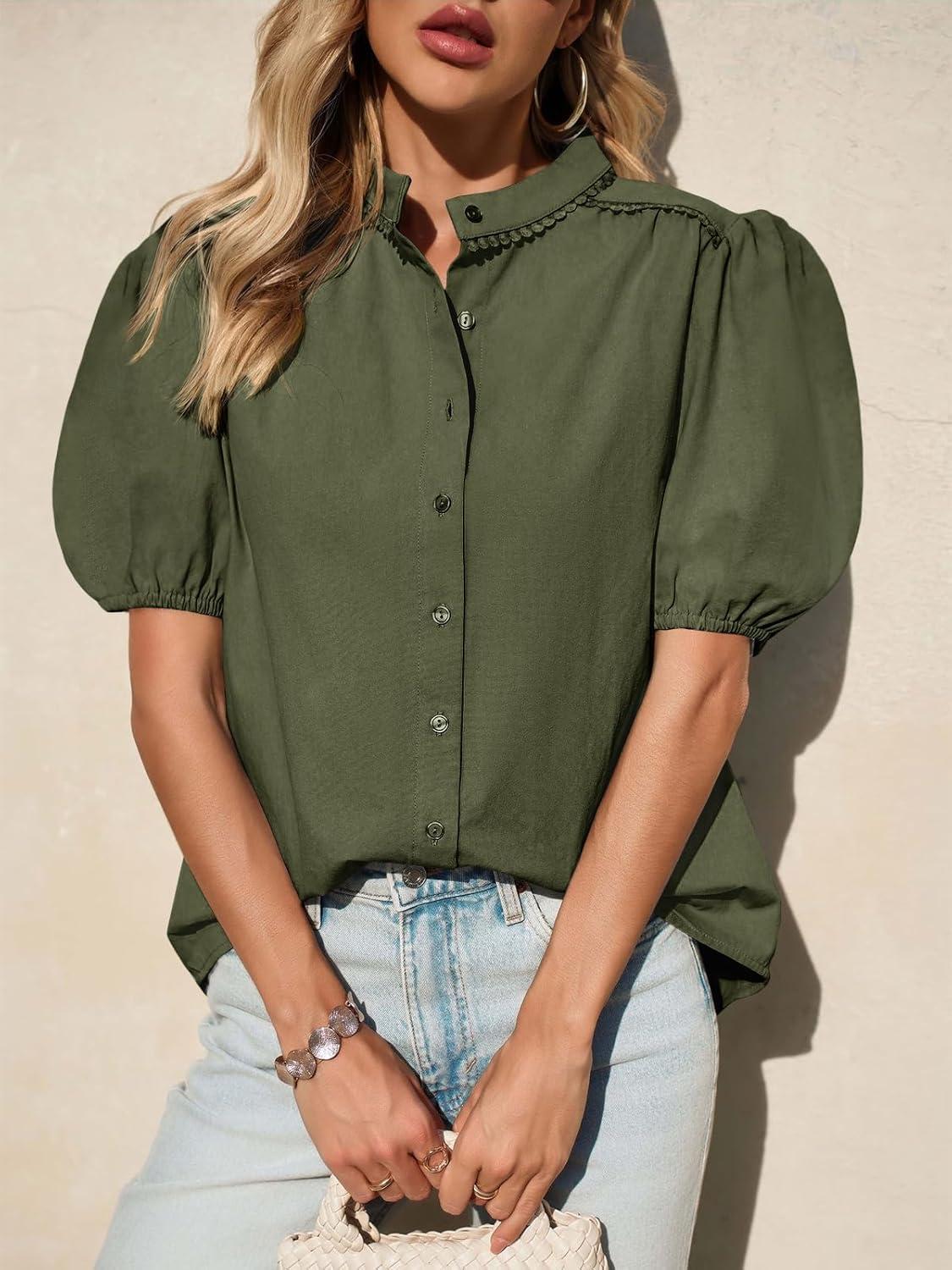 imageTankaneo Womens Puff Sleeve Button Down Shirts Cotton Pleated Loose Fit Tops Summer Dressy Casual BlousesArmy Green
