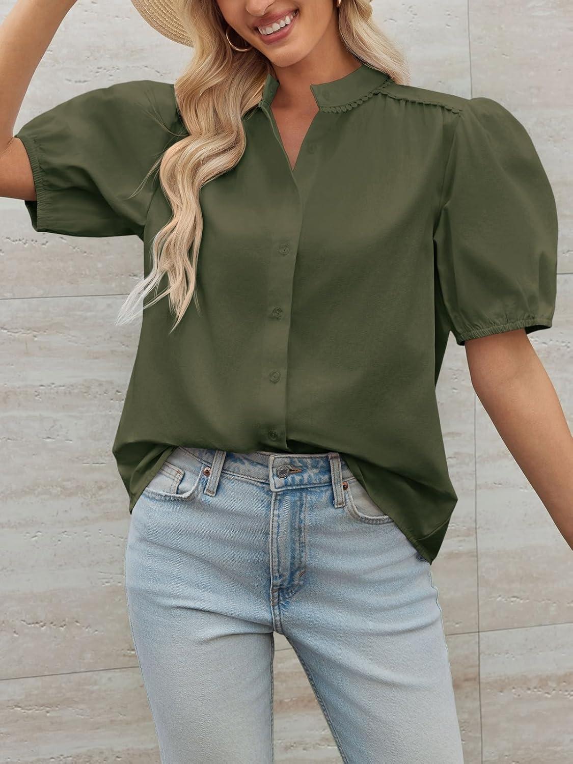 imageTankaneo Womens Puff Sleeve Button Down Shirts Cotton Pleated Loose Fit Tops Summer Dressy Casual BlousesArmy Green