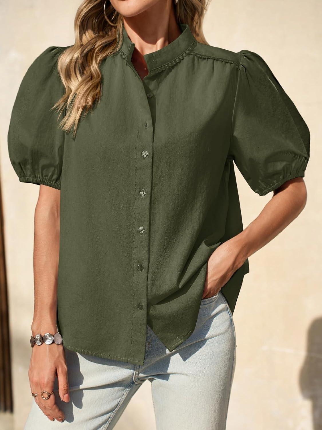 imageTankaneo Womens Puff Sleeve Button Down Shirts Cotton Pleated Loose Fit Tops Summer Dressy Casual BlousesArmy Green