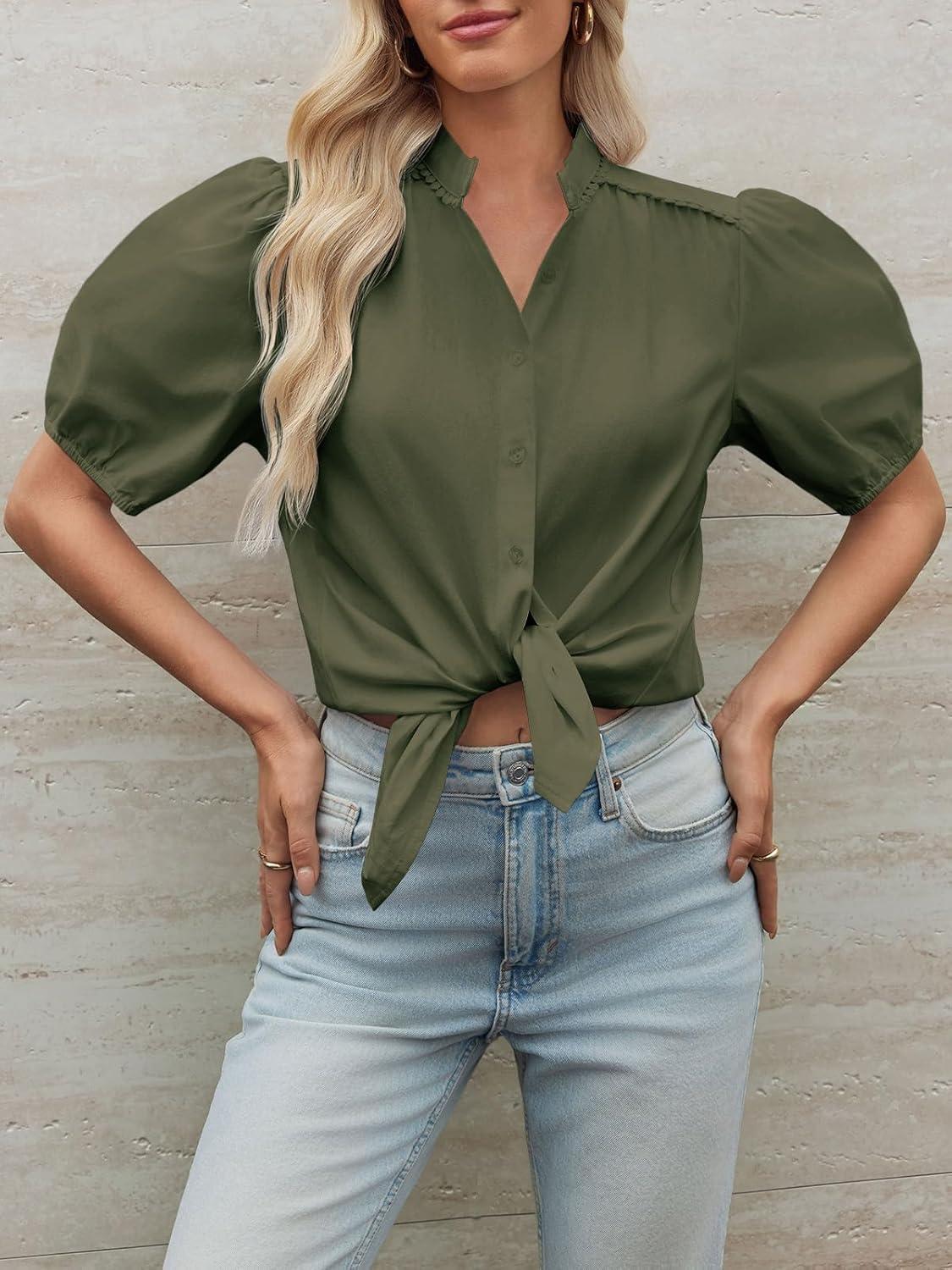 imageTankaneo Womens Puff Sleeve Button Down Shirts Cotton Pleated Loose Fit Tops Summer Dressy Casual BlousesArmy Green