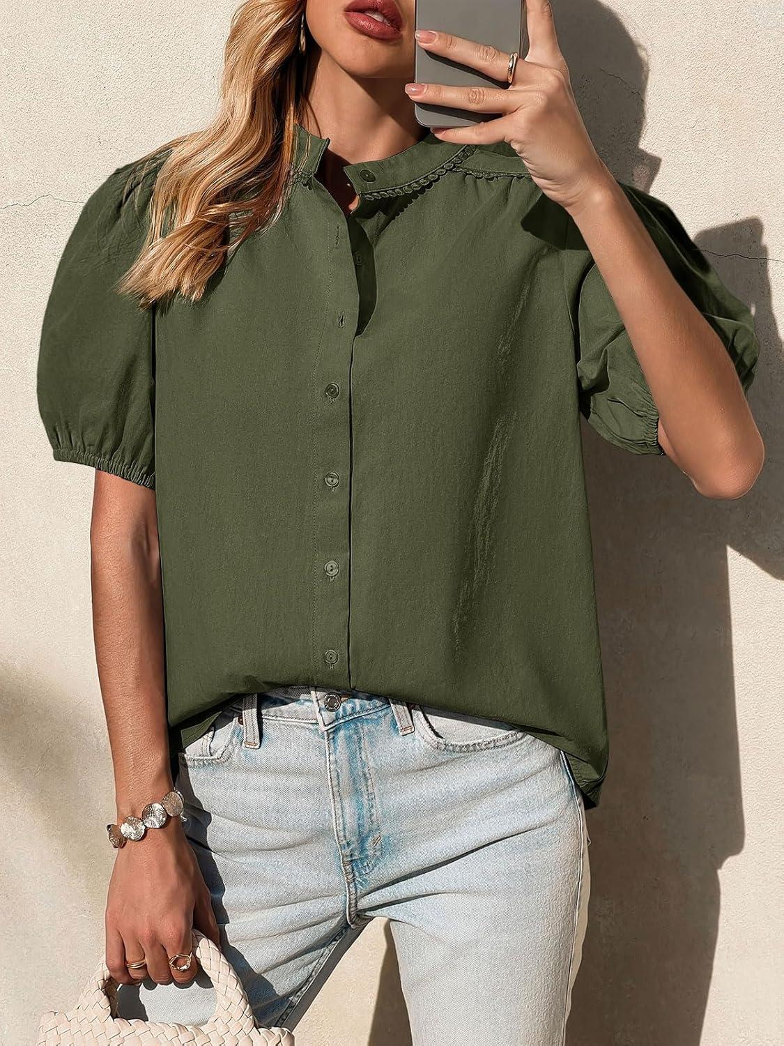 imageTankaneo Womens Puff Sleeve Button Down Shirts Cotton Pleated Loose Fit Tops Summer Dressy Casual BlousesArmy Green