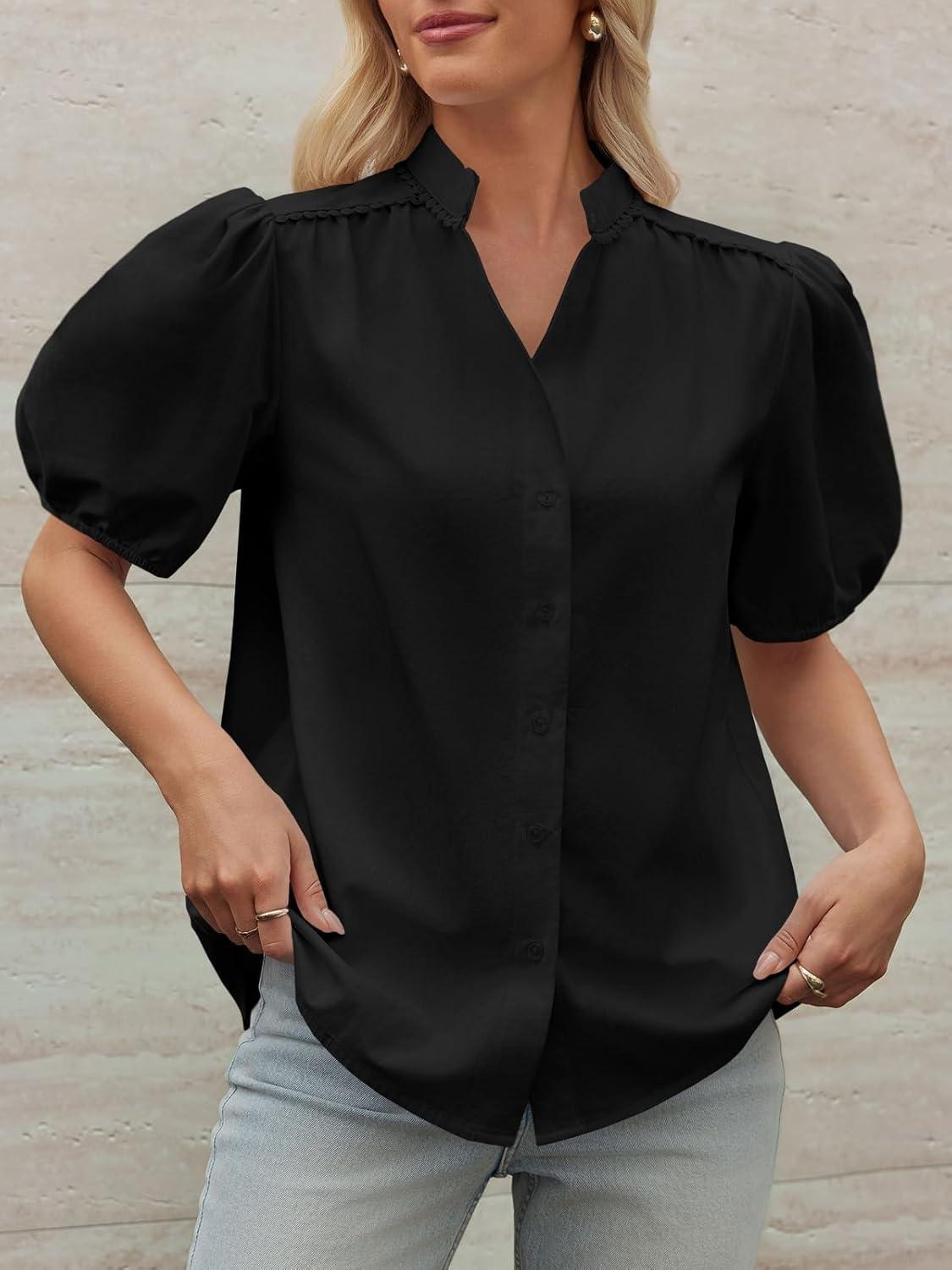 imageTankaneo Womens Puff Sleeve Button Down Shirts Cotton Pleated Loose Fit Tops Summer Dressy Casual BlousesBlack