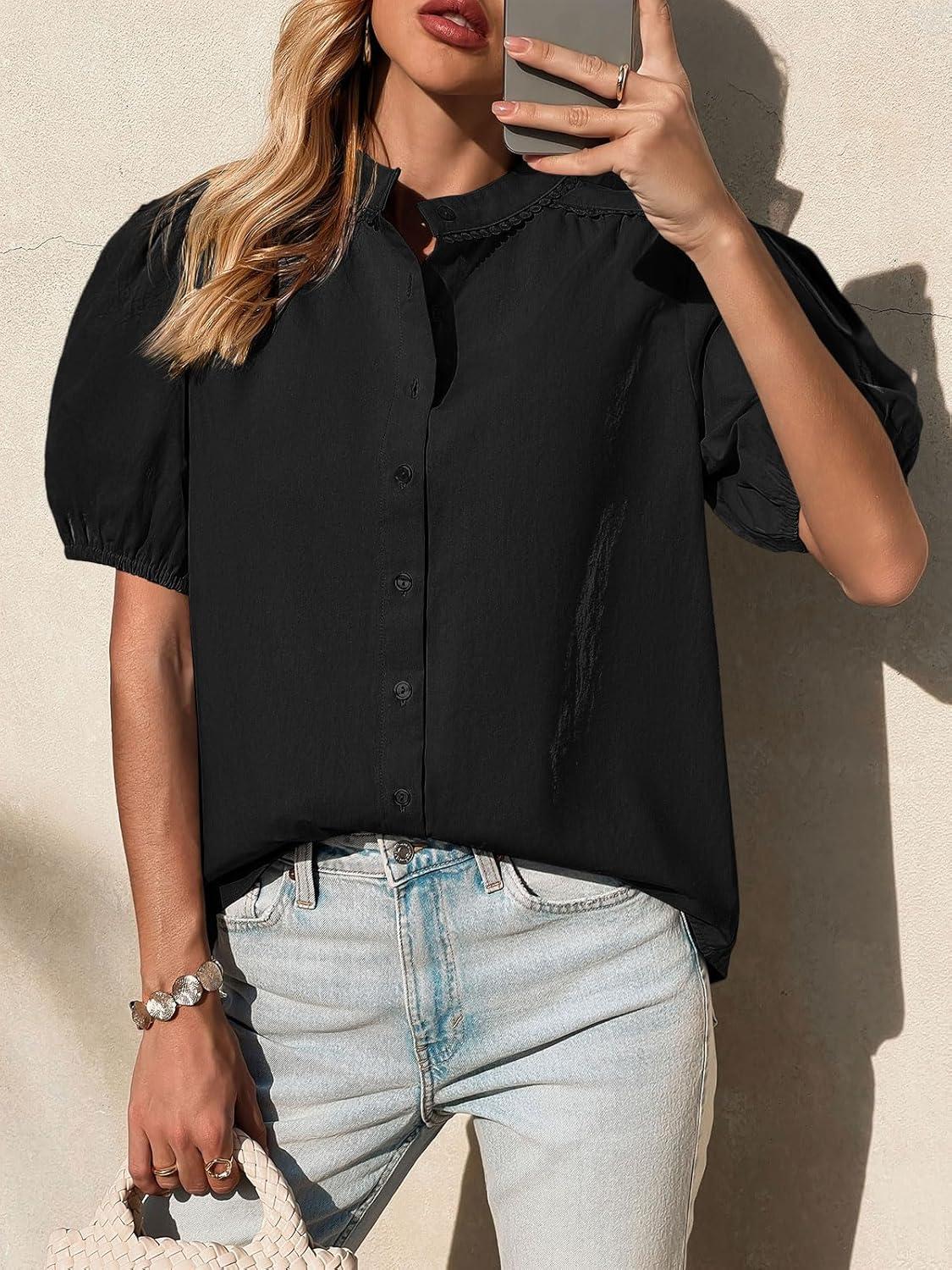 imageTankaneo Womens Puff Sleeve Button Down Shirts Cotton Pleated Loose Fit Tops Summer Dressy Casual BlousesBlack