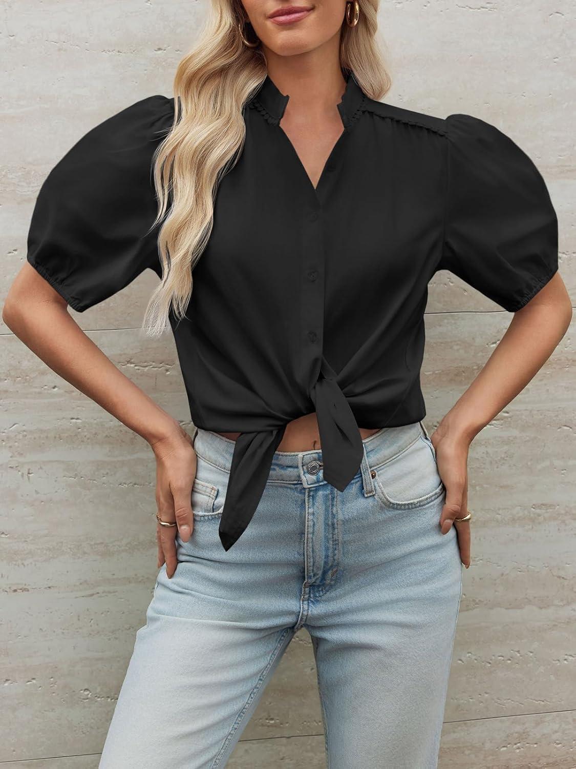 imageTankaneo Womens Puff Sleeve Button Down Shirts Cotton Pleated Loose Fit Tops Summer Dressy Casual BlousesBlack