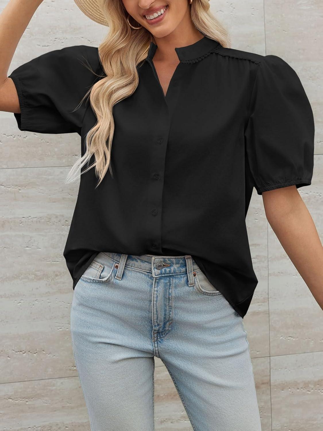 imageTankaneo Womens Puff Sleeve Button Down Shirts Cotton Pleated Loose Fit Tops Summer Dressy Casual BlousesBlack