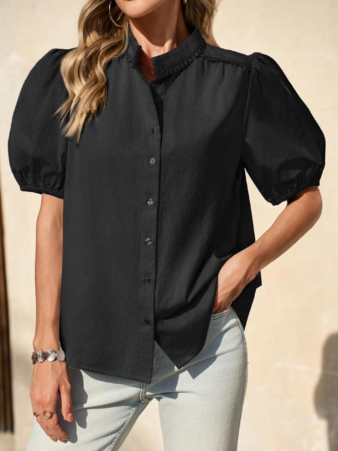 imageTankaneo Womens Puff Sleeve Button Down Shirts Cotton Pleated Loose Fit Tops Summer Dressy Casual BlousesBlack