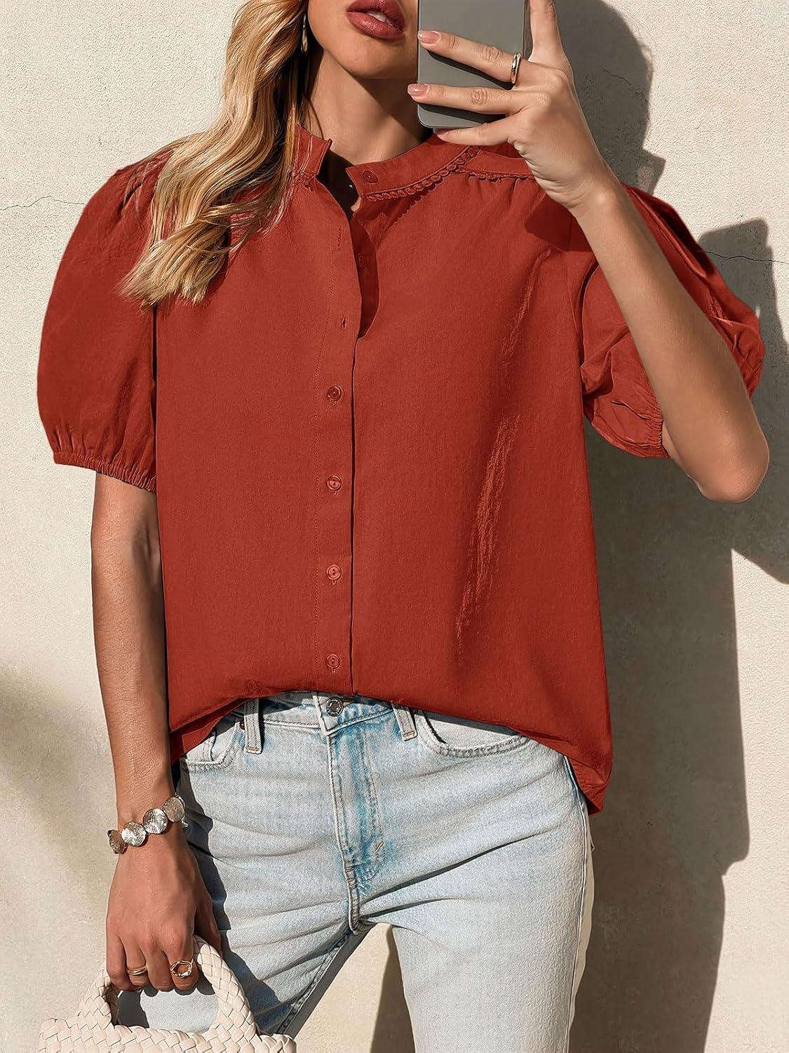 imageTankaneo Womens Puff Sleeve Button Down Shirts Cotton Pleated Loose Fit Tops Summer Dressy Casual BlousesBrick Red
