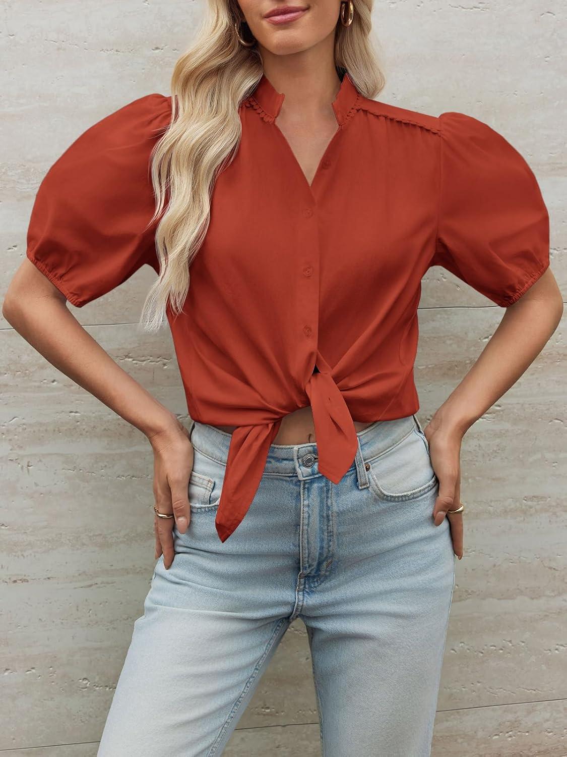 imageTankaneo Womens Puff Sleeve Button Down Shirts Cotton Pleated Loose Fit Tops Summer Dressy Casual BlousesBrick Red