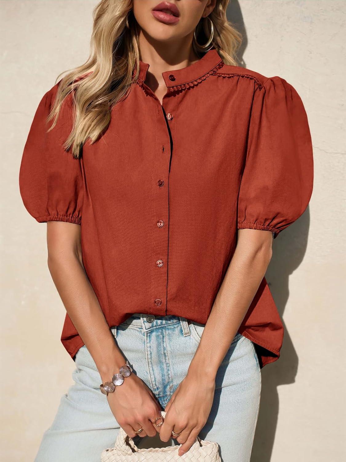 imageTankaneo Womens Puff Sleeve Button Down Shirts Cotton Pleated Loose Fit Tops Summer Dressy Casual BlousesBrick Red