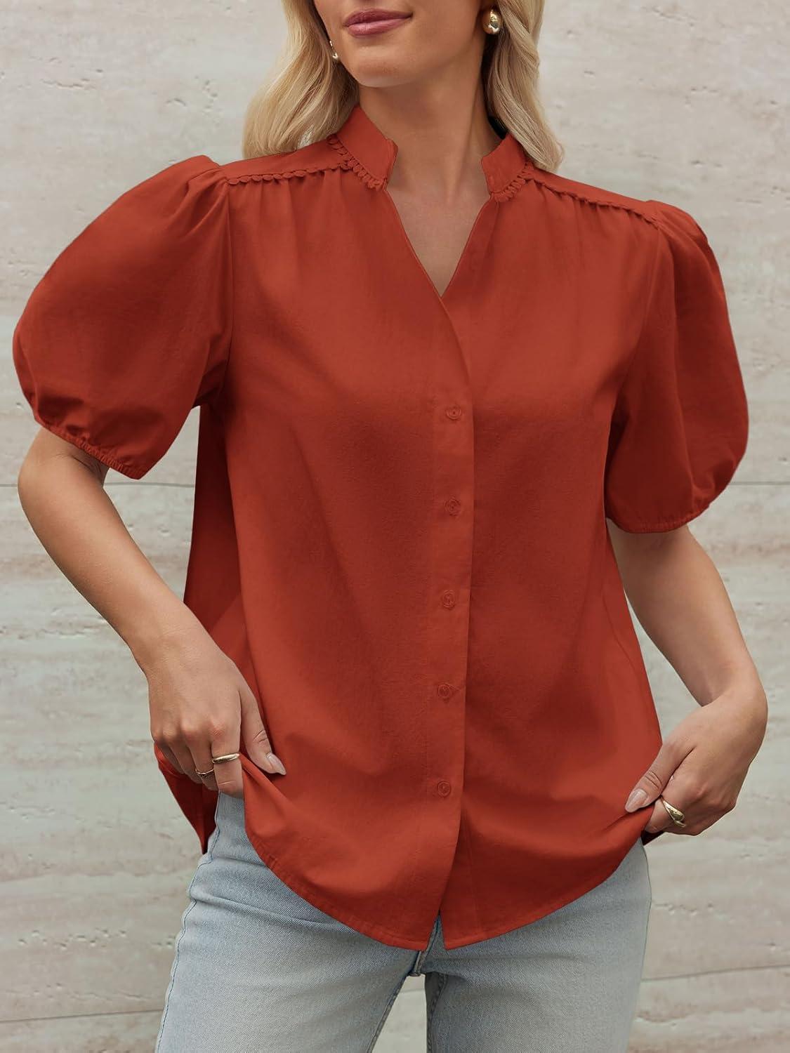 imageTankaneo Womens Puff Sleeve Button Down Shirts Cotton Pleated Loose Fit Tops Summer Dressy Casual BlousesBrick Red
