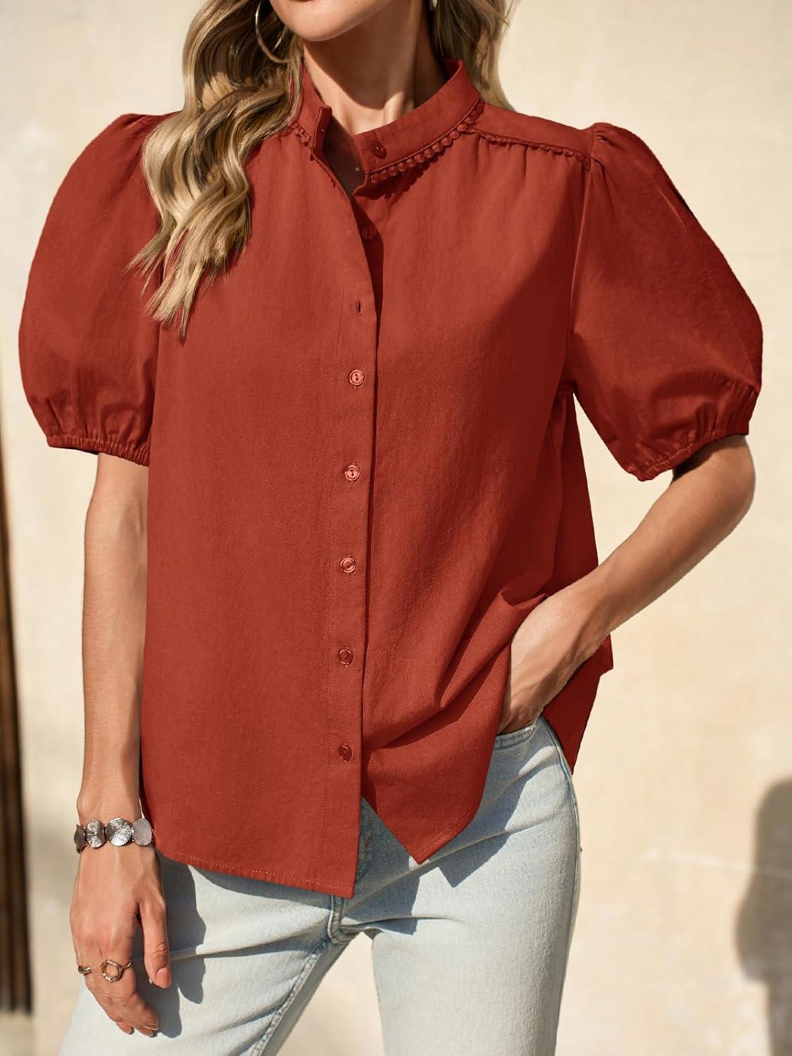 imageTankaneo Womens Puff Sleeve Button Down Shirts Cotton Pleated Loose Fit Tops Summer Dressy Casual BlousesBrick Red