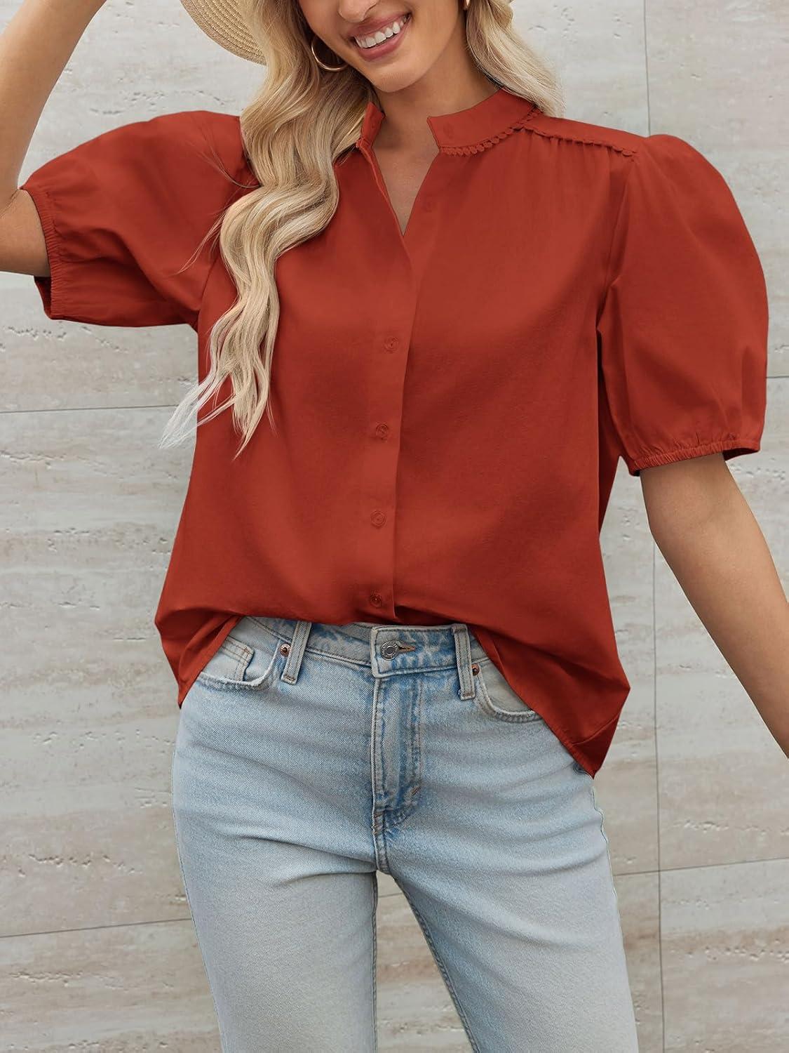 imageTankaneo Womens Puff Sleeve Button Down Shirts Cotton Pleated Loose Fit Tops Summer Dressy Casual BlousesBrick Red