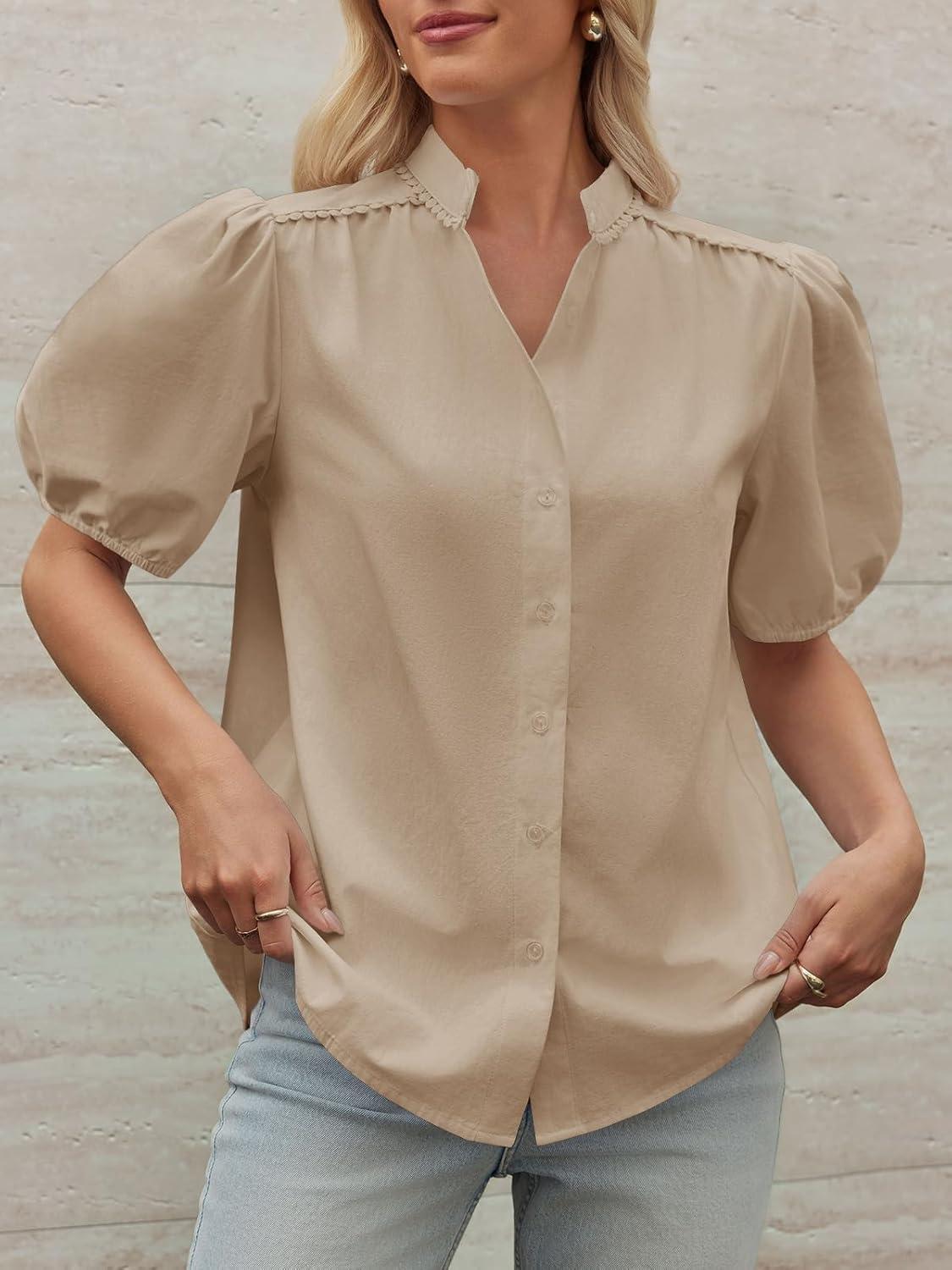 imageTankaneo Womens Puff Sleeve Button Down Shirts Cotton Pleated Loose Fit Tops Summer Dressy Casual BlousesDark Khaki