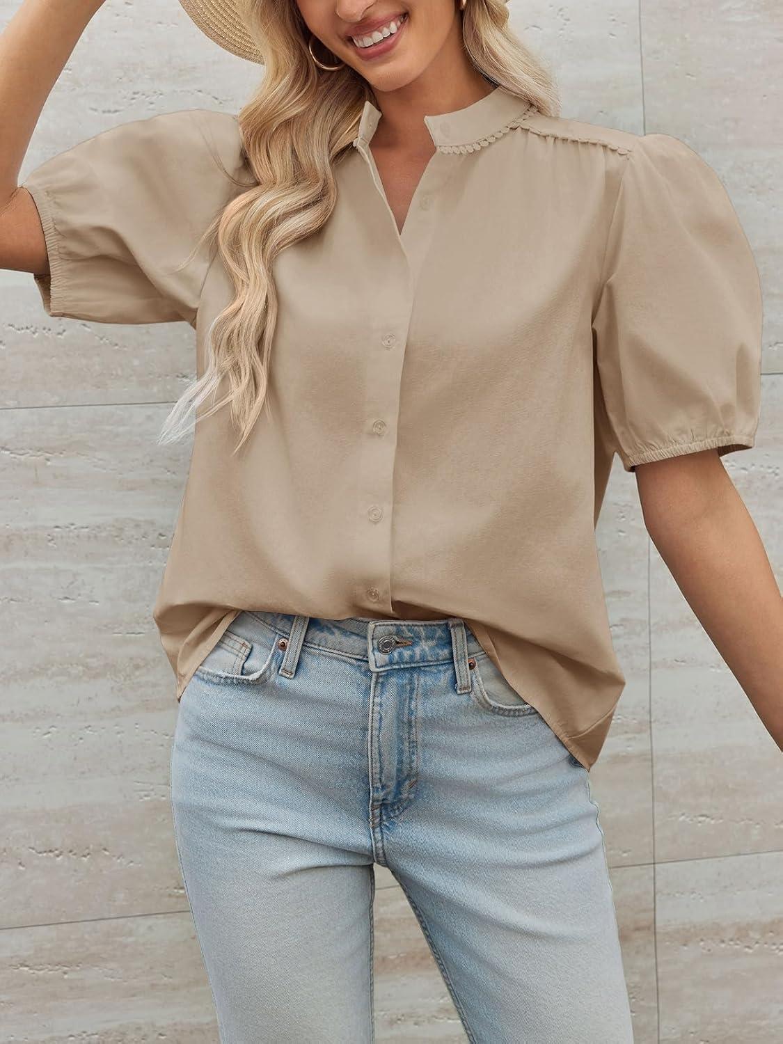 imageTankaneo Womens Puff Sleeve Button Down Shirts Cotton Pleated Loose Fit Tops Summer Dressy Casual BlousesDark Khaki