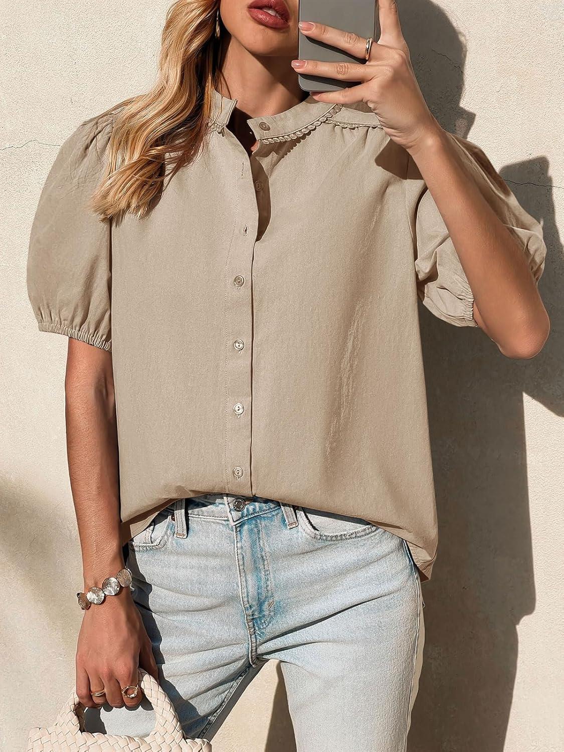 imageTankaneo Womens Puff Sleeve Button Down Shirts Cotton Pleated Loose Fit Tops Summer Dressy Casual BlousesDark Khaki