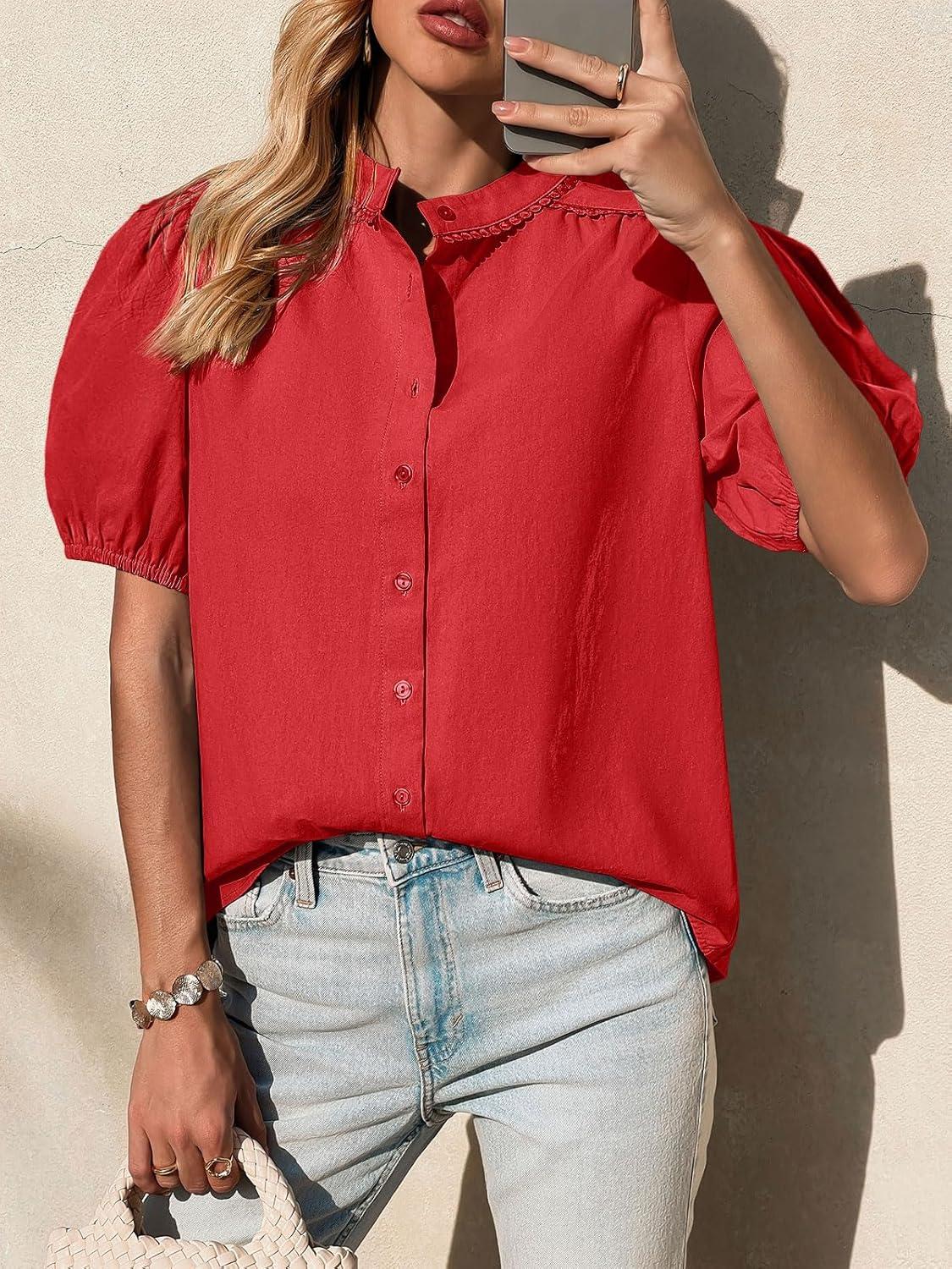 imageTankaneo Womens Puff Sleeve Button Down Shirts Cotton Pleated Loose Fit Tops Summer Dressy Casual BlousesDark Red