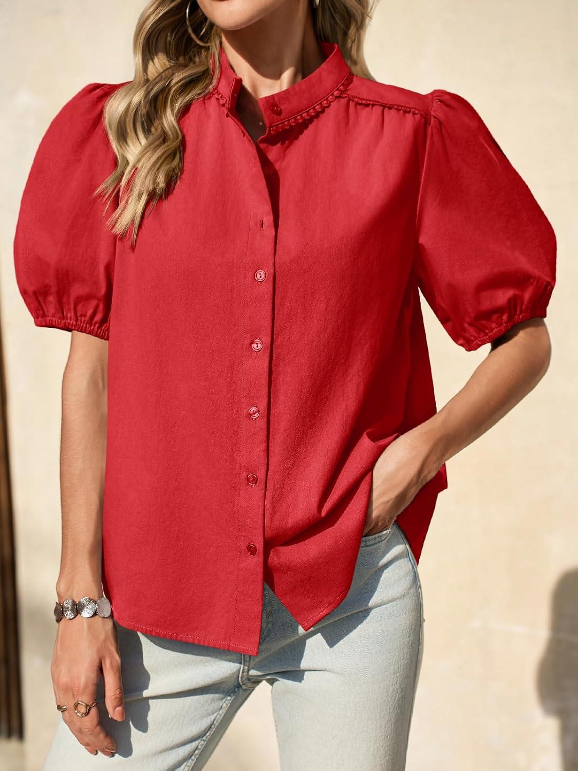 imageTankaneo Womens Puff Sleeve Button Down Shirts Cotton Pleated Loose Fit Tops Summer Dressy Casual BlousesDark Red