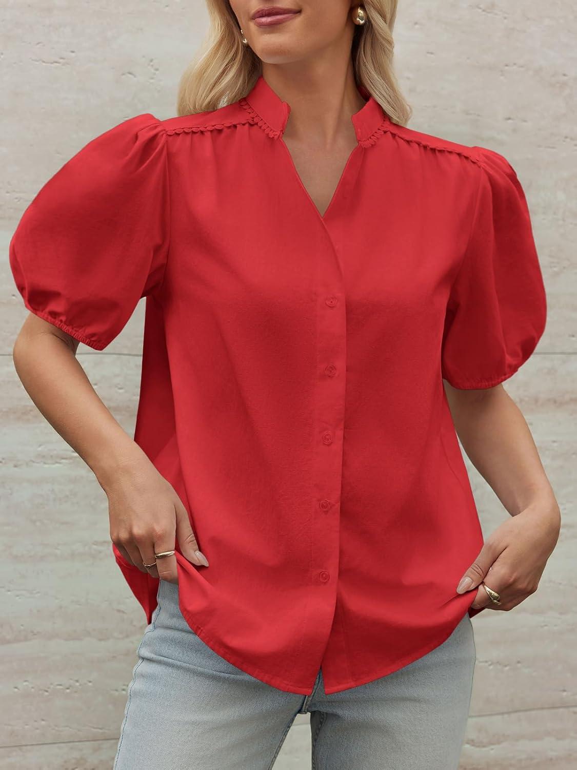 imageTankaneo Womens Puff Sleeve Button Down Shirts Cotton Pleated Loose Fit Tops Summer Dressy Casual BlousesDark Red