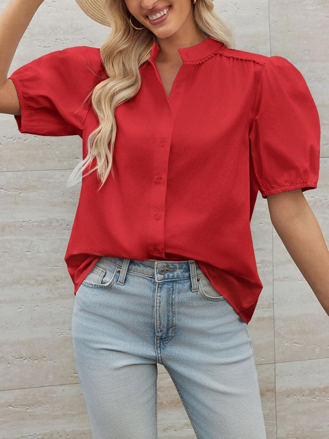 imageTankaneo Womens Puff Sleeve Button Down Shirts Cotton Pleated Loose Fit Tops Summer Dressy Casual BlousesDark Red