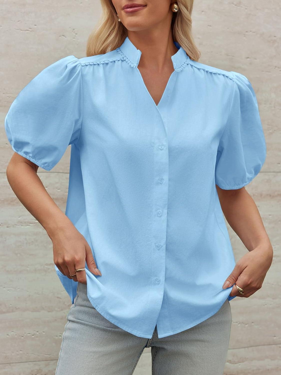 imageTankaneo Womens Puff Sleeve Button Down Shirts Cotton Pleated Loose Fit Tops Summer Dressy Casual BlousesLight Blue