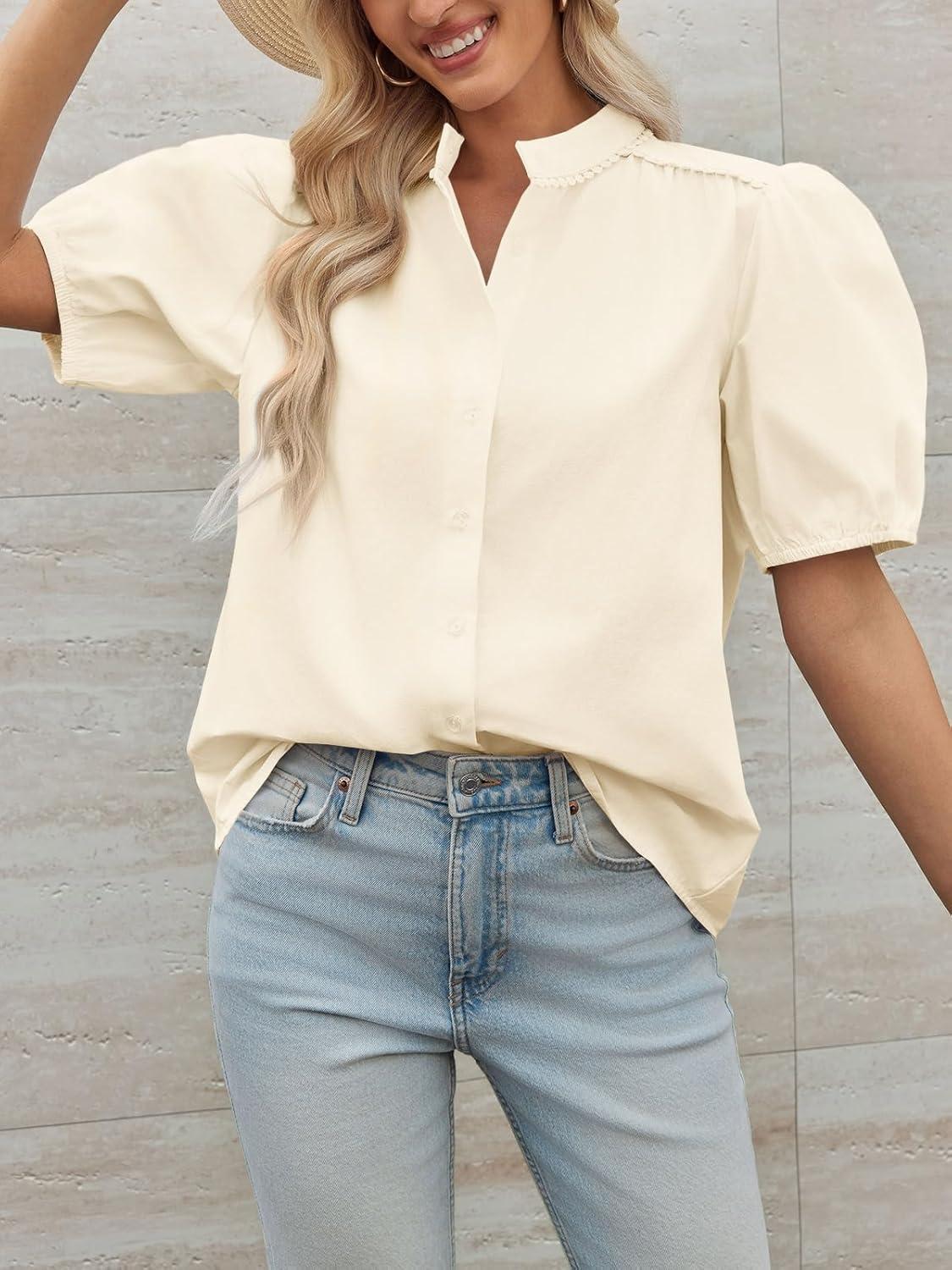 imageTankaneo Womens Puff Sleeve Button Down Shirts Cotton Pleated Loose Fit Tops Summer Dressy Casual BlousesLight Yellow