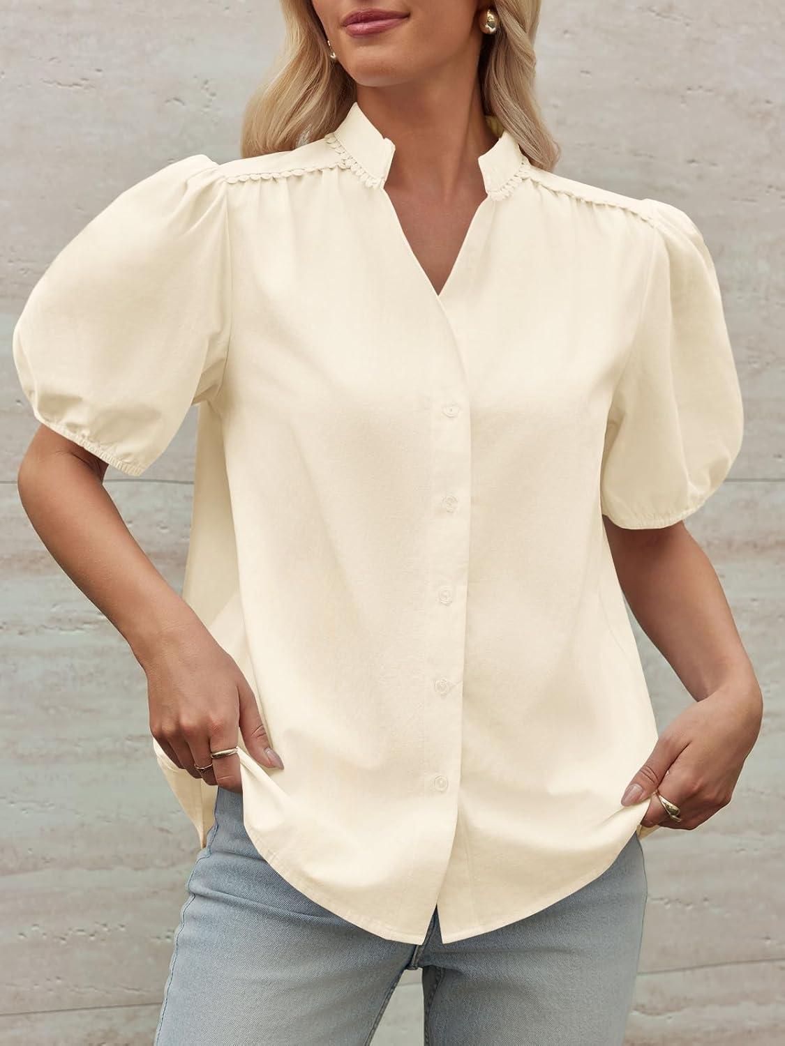 imageTankaneo Womens Puff Sleeve Button Down Shirts Cotton Pleated Loose Fit Tops Summer Dressy Casual BlousesLight Yellow