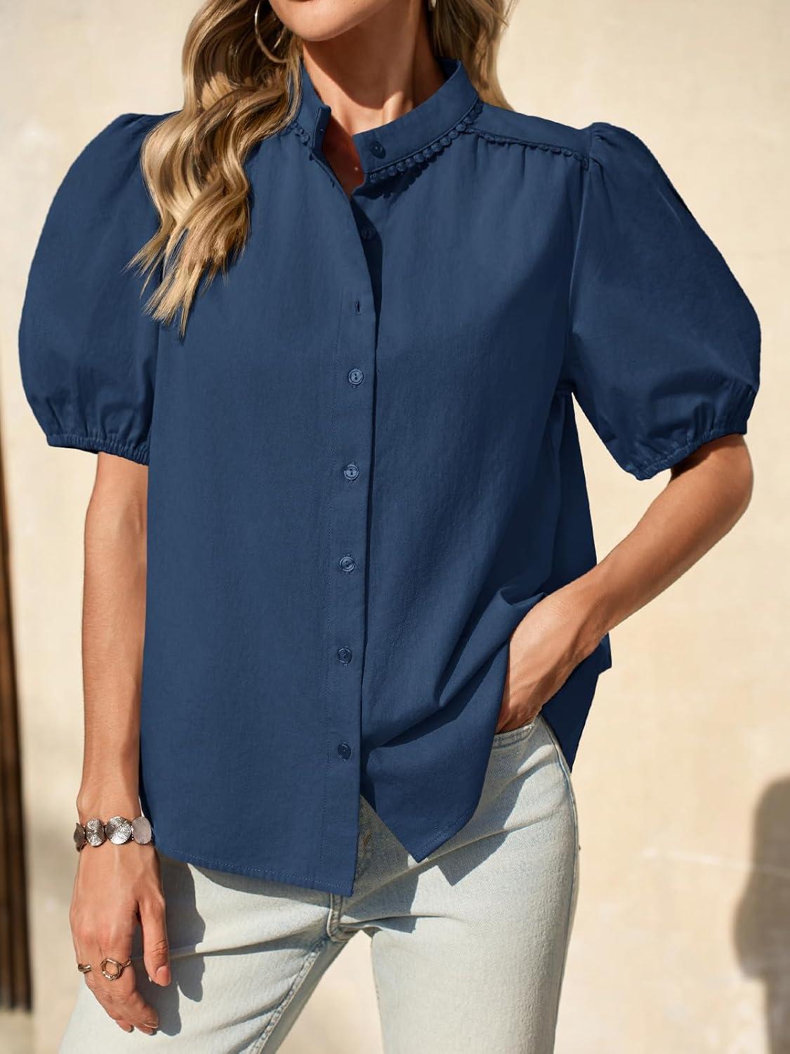 imageTankaneo Womens Puff Sleeve Button Down Shirts Cotton Pleated Loose Fit Tops Summer Dressy Casual BlousesNavy