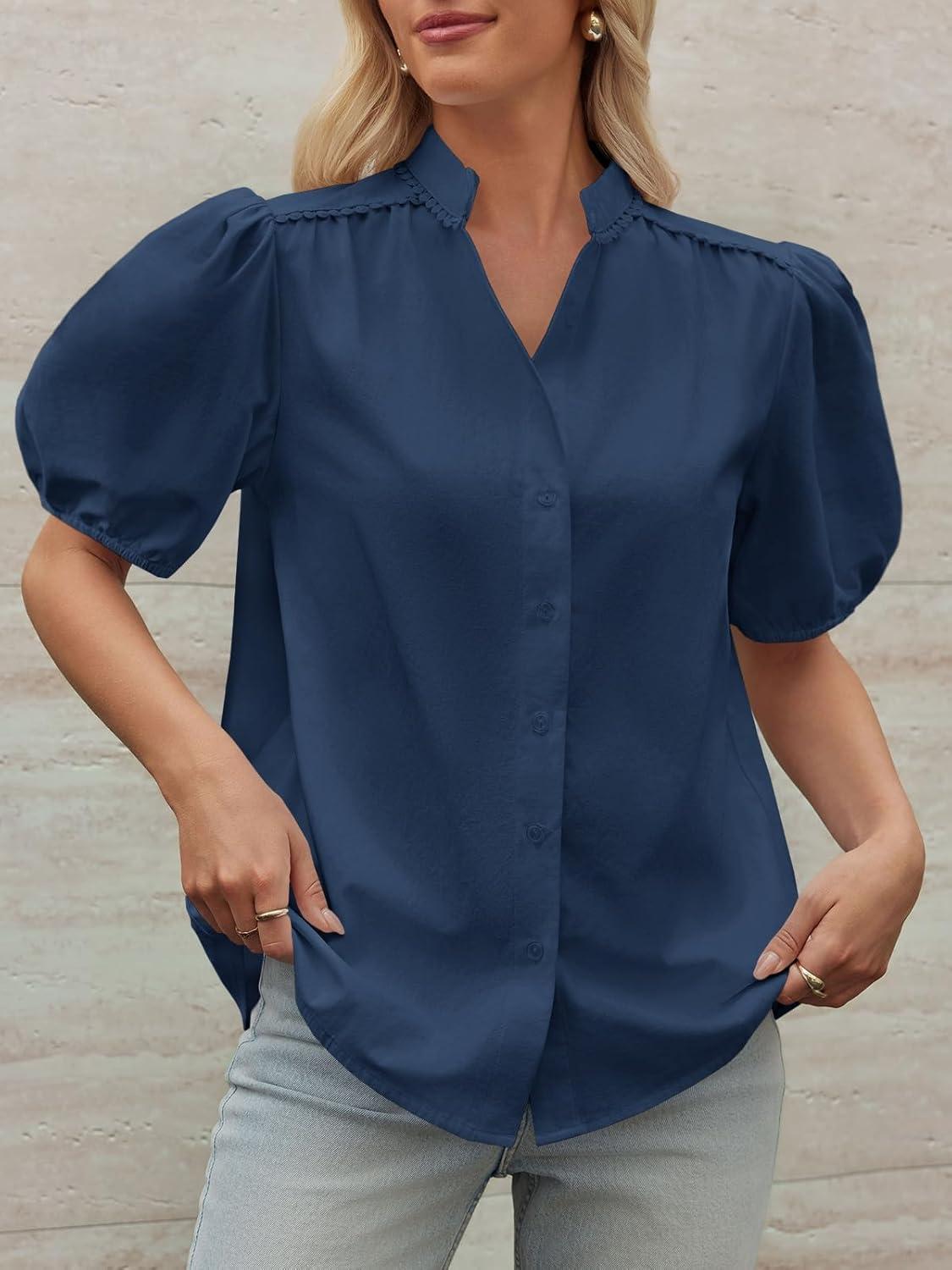 imageTankaneo Womens Puff Sleeve Button Down Shirts Cotton Pleated Loose Fit Tops Summer Dressy Casual BlousesNavy