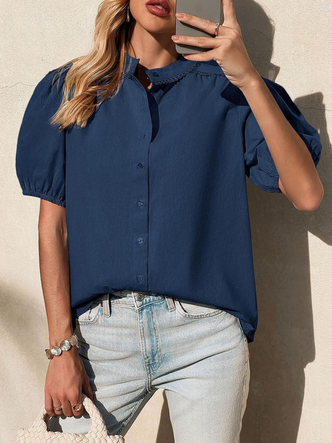 imageTankaneo Womens Puff Sleeve Button Down Shirts Cotton Pleated Loose Fit Tops Summer Dressy Casual BlousesNavy