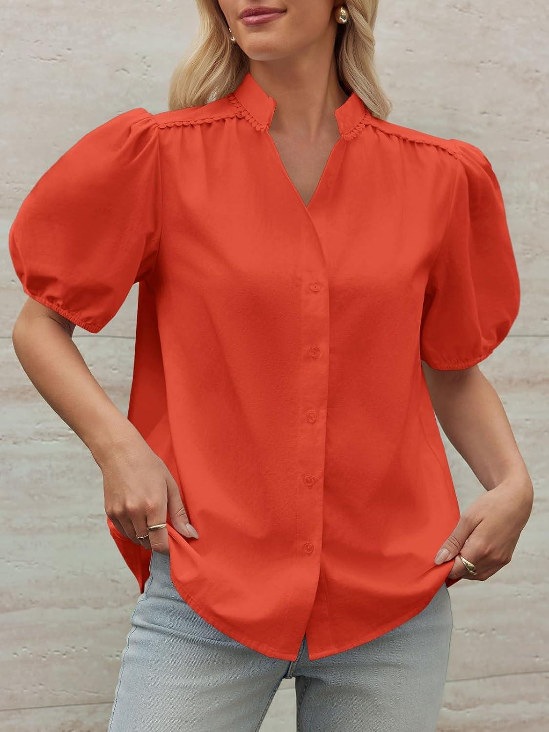 imageTankaneo Womens Puff Sleeve Button Down Shirts Cotton Pleated Loose Fit Tops Summer Dressy Casual BlousesOrange