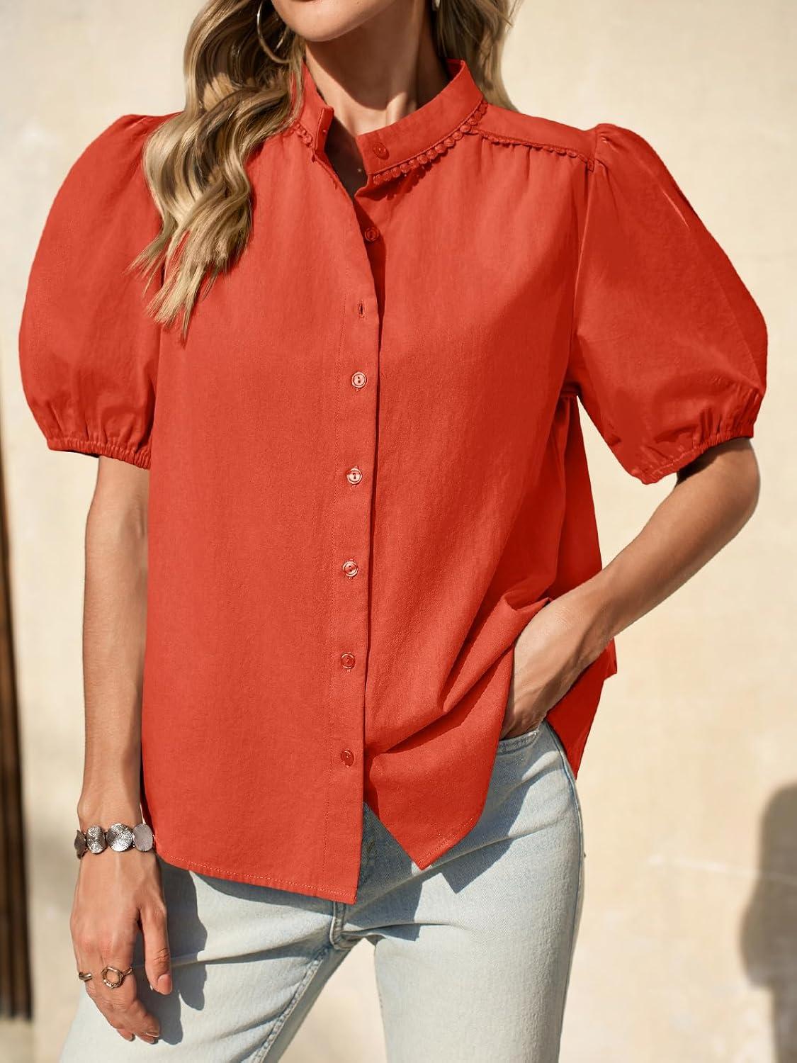 imageTankaneo Womens Puff Sleeve Button Down Shirts Cotton Pleated Loose Fit Tops Summer Dressy Casual BlousesOrange