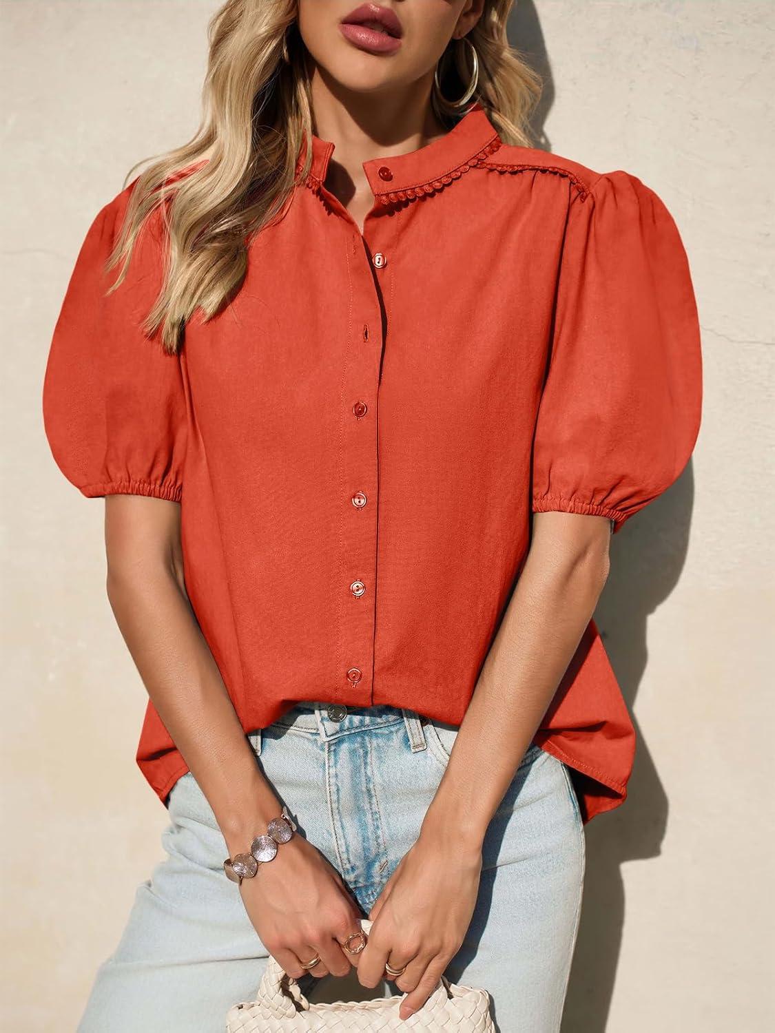 imageTankaneo Womens Puff Sleeve Button Down Shirts Cotton Pleated Loose Fit Tops Summer Dressy Casual BlousesOrange