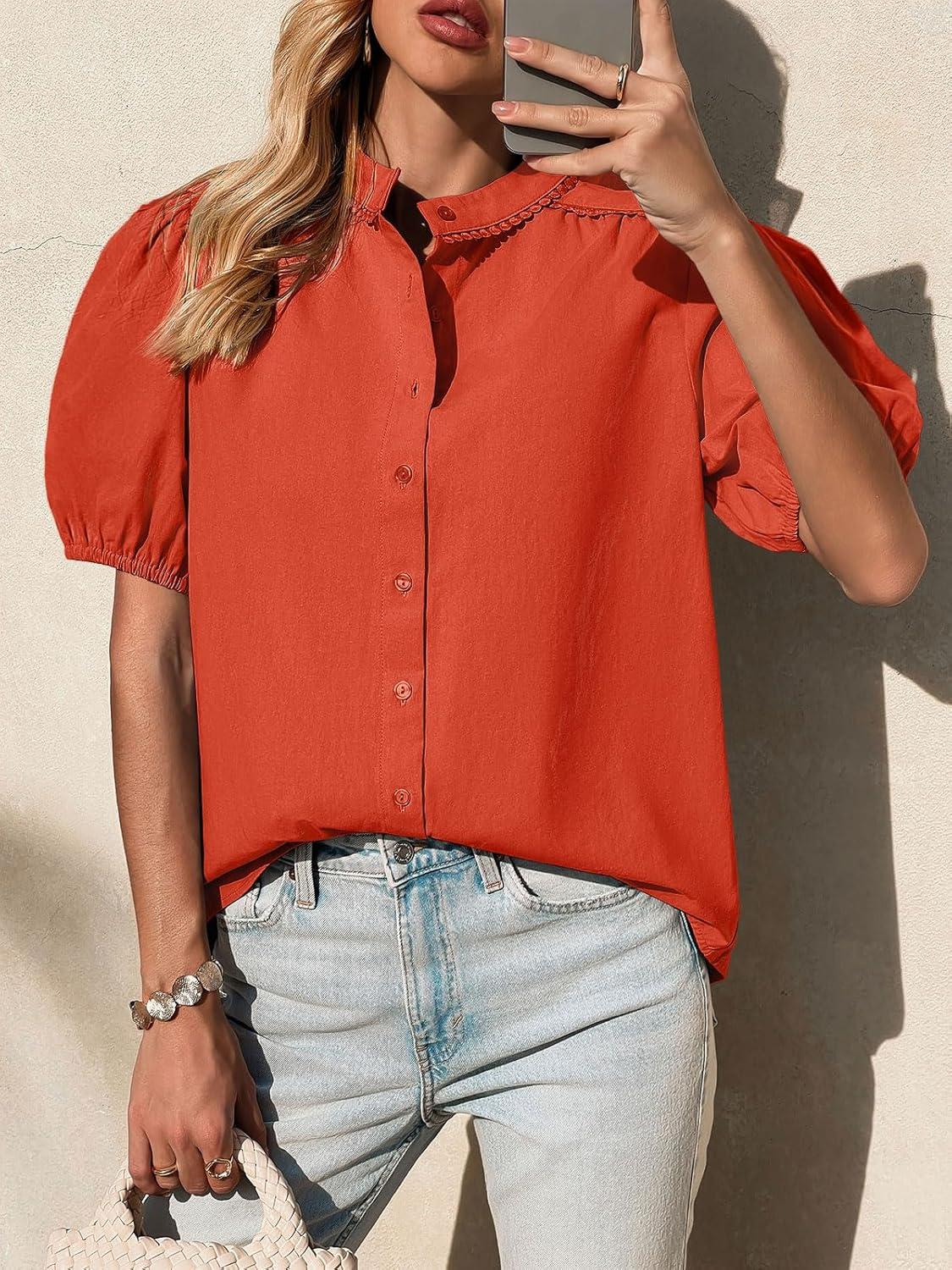 imageTankaneo Womens Puff Sleeve Button Down Shirts Cotton Pleated Loose Fit Tops Summer Dressy Casual BlousesOrange