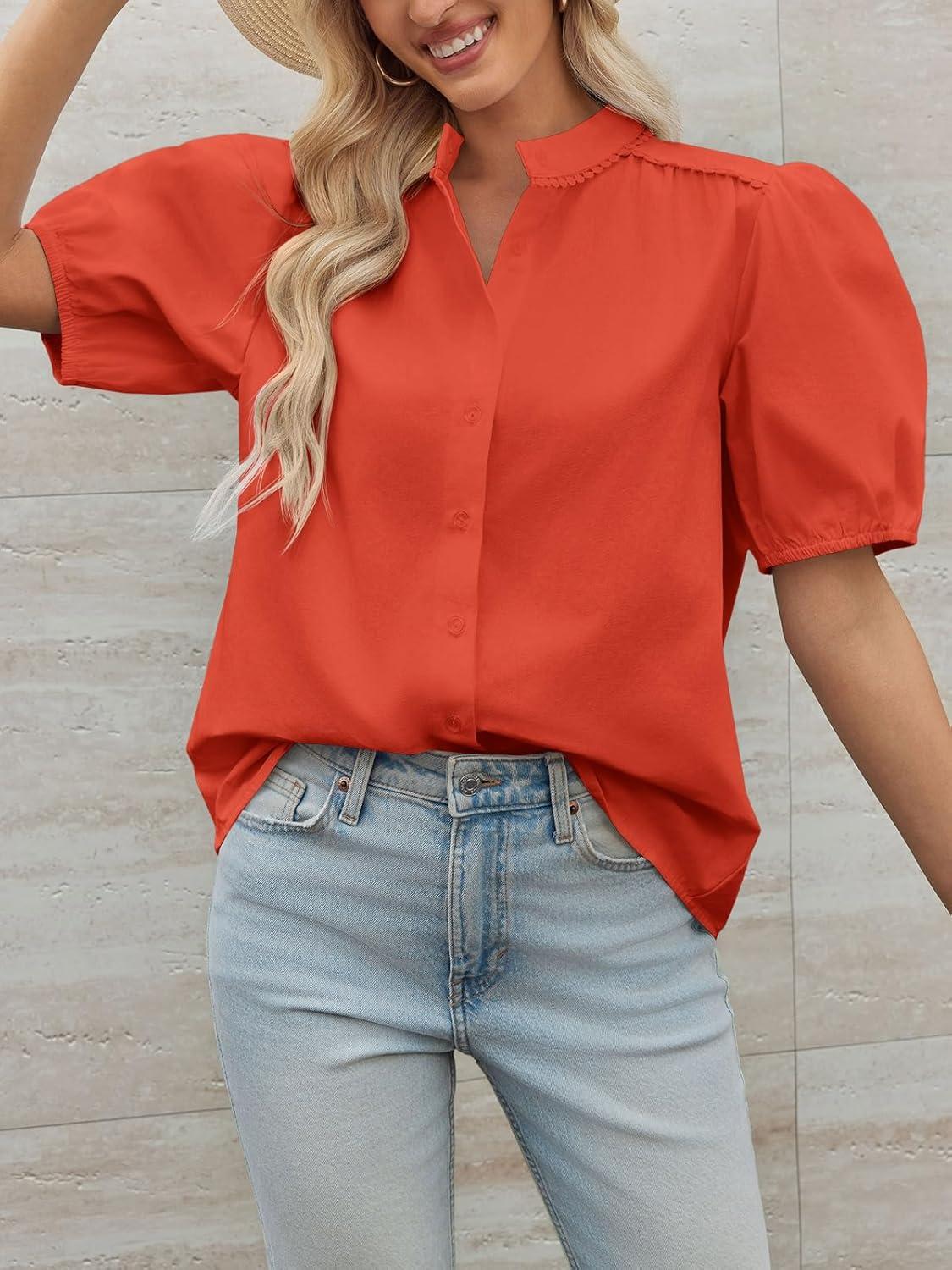 imageTankaneo Womens Puff Sleeve Button Down Shirts Cotton Pleated Loose Fit Tops Summer Dressy Casual BlousesOrange