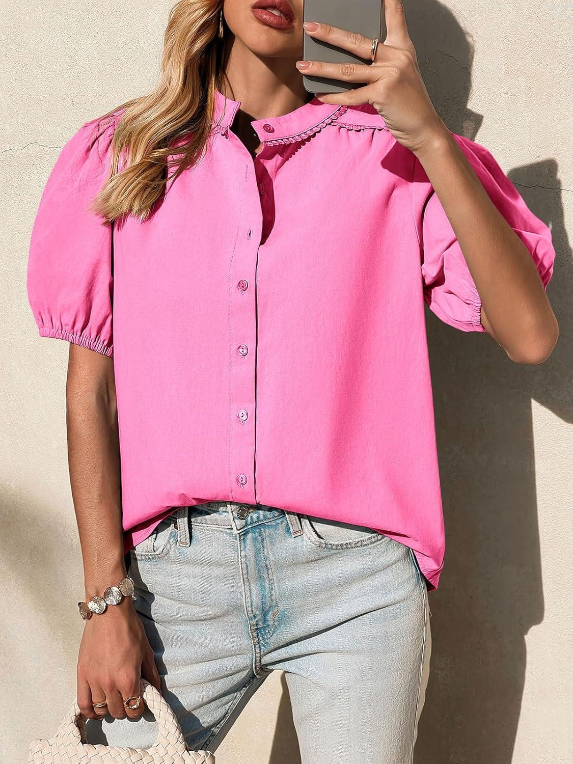 imageTankaneo Womens Puff Sleeve Button Down Shirts Cotton Pleated Loose Fit Tops Summer Dressy Casual BlousesRose Red