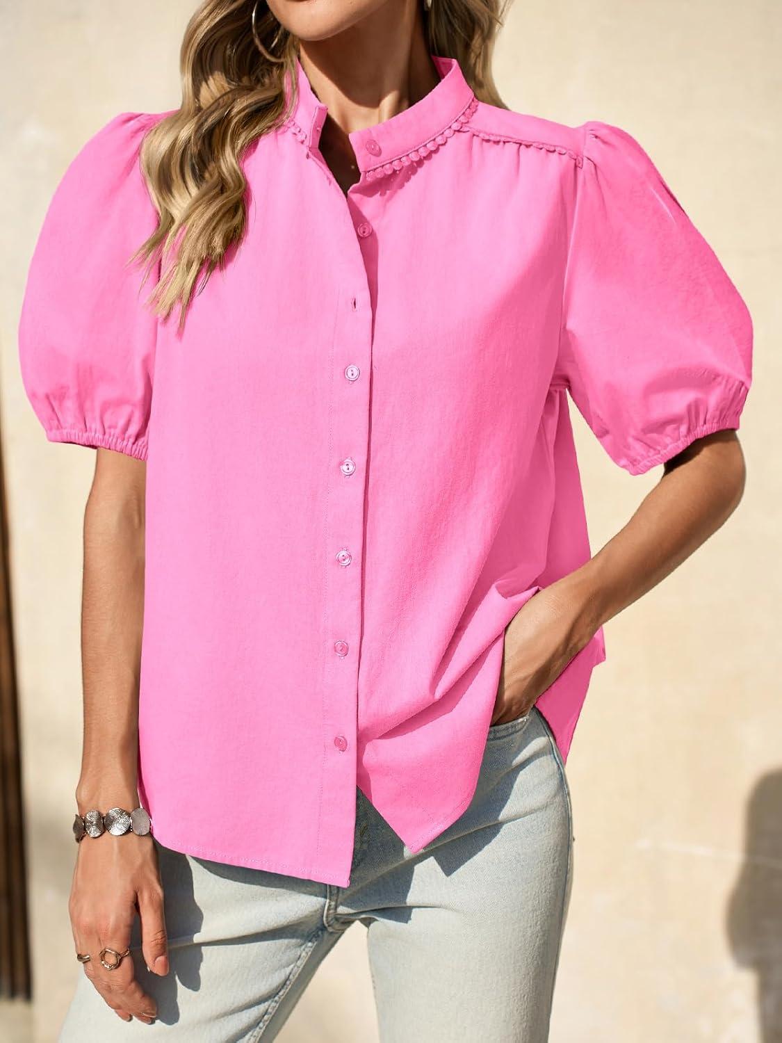 imageTankaneo Womens Puff Sleeve Button Down Shirts Cotton Pleated Loose Fit Tops Summer Dressy Casual BlousesRose Red