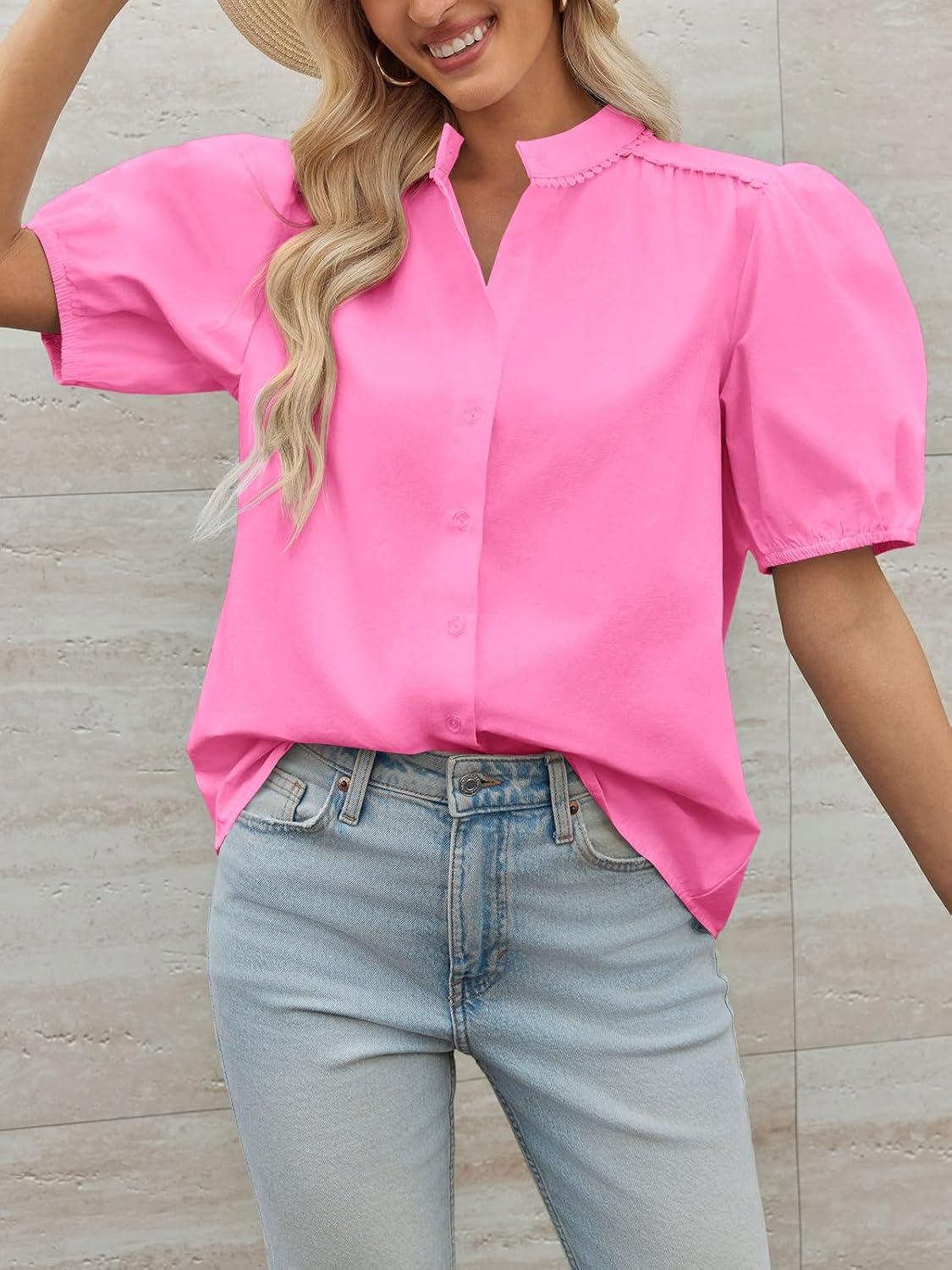 imageTankaneo Womens Puff Sleeve Button Down Shirts Cotton Pleated Loose Fit Tops Summer Dressy Casual BlousesRose Red