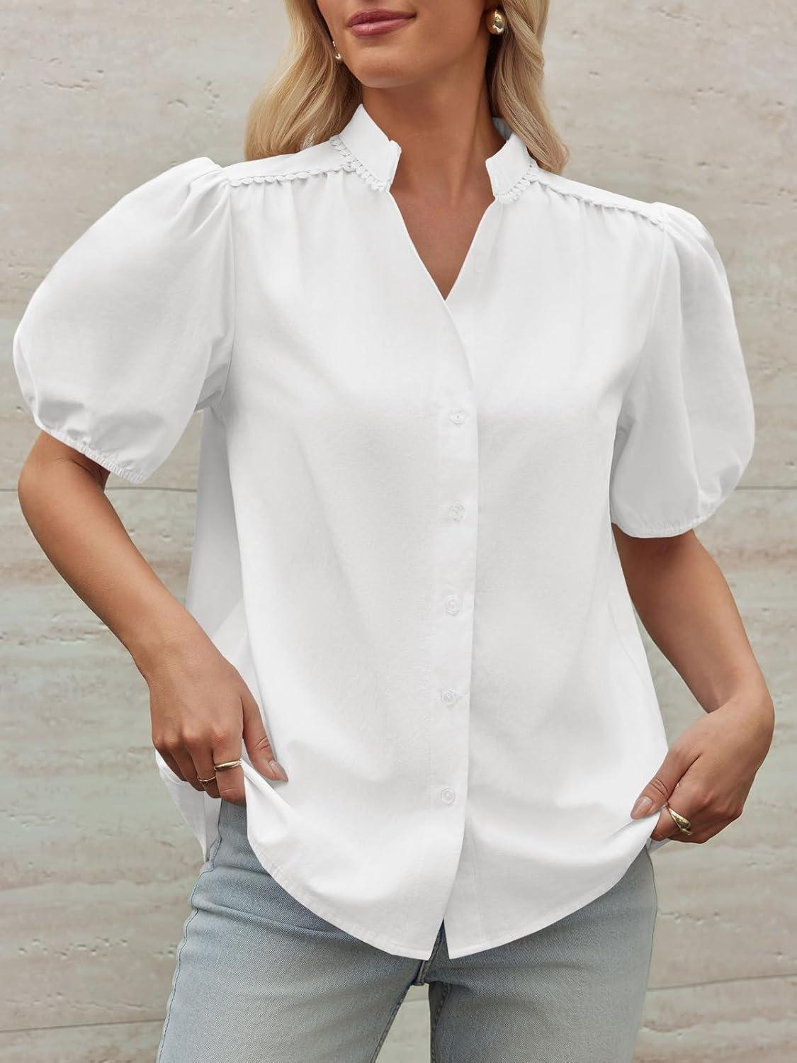 imageTankaneo Womens Puff Sleeve Button Down Shirts Cotton Pleated Loose Fit Tops Summer Dressy Casual BlousesWhite