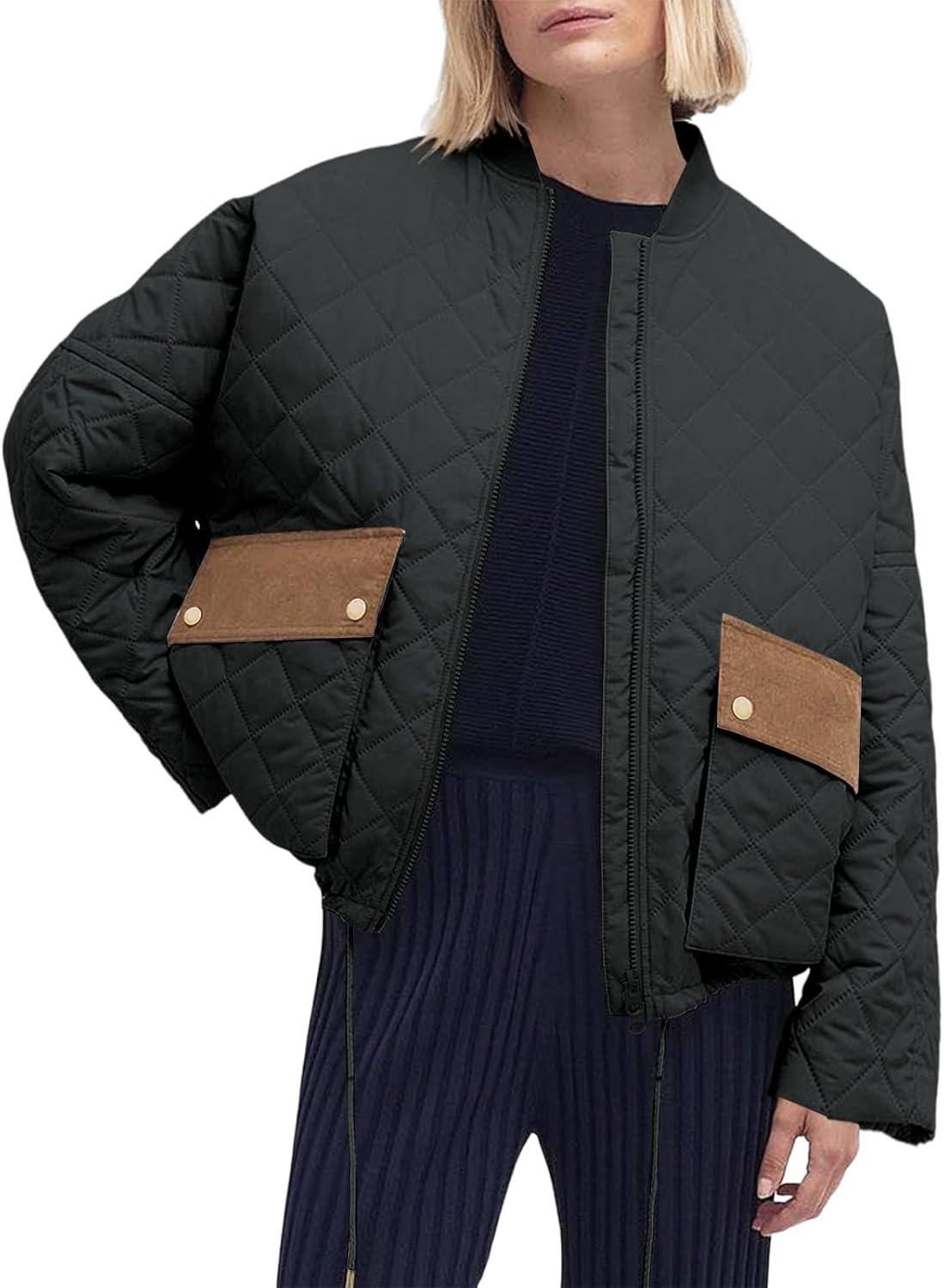 imageTankaneo Womens Quilted Puffer Jacket Winter Casual Zip Up Bomber Jackets Short Coat Outerwear with PocketsBlack