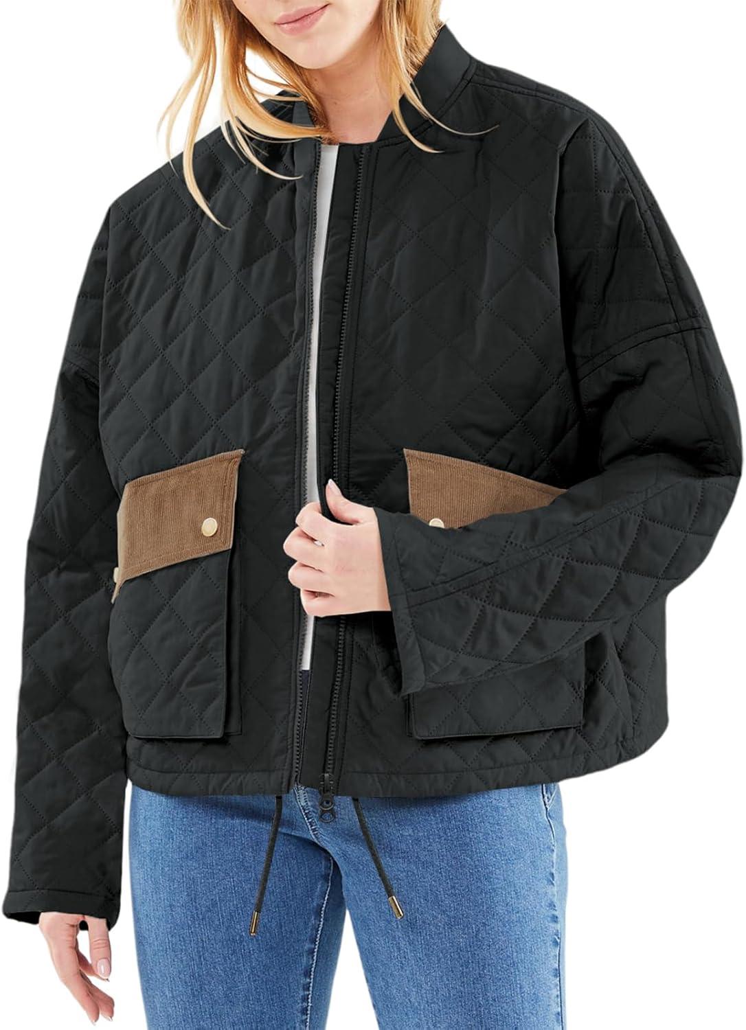 imageTankaneo Womens Quilted Puffer Jacket Winter Casual Zip Up Bomber Jackets Short Coat Outerwear with PocketsBlack