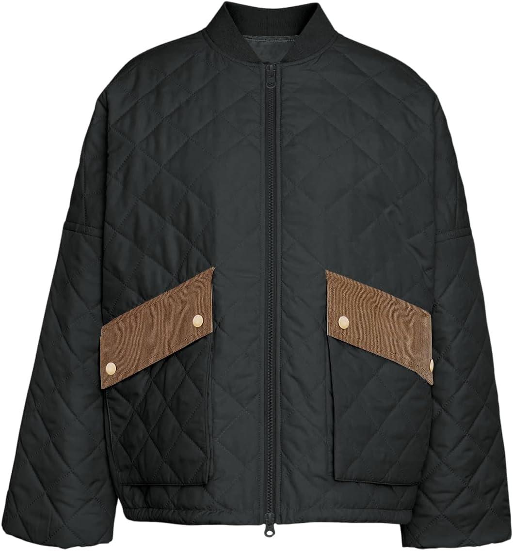 imageTankaneo Womens Quilted Puffer Jacket Winter Casual Zip Up Bomber Jackets Short Coat Outerwear with PocketsBlack