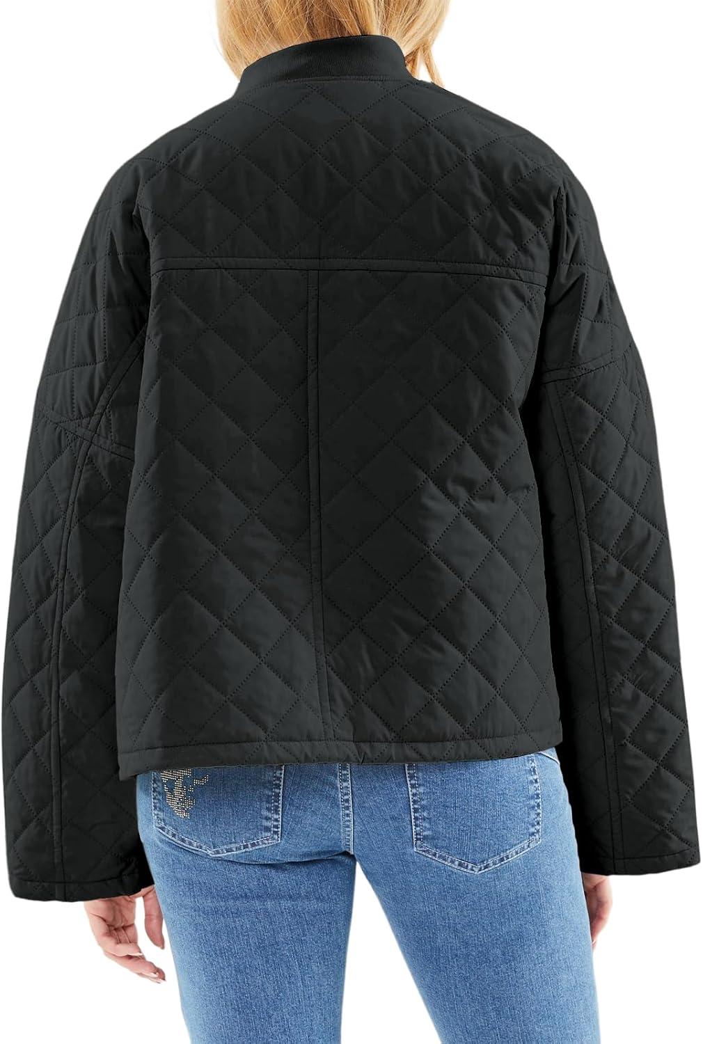 imageTankaneo Womens Quilted Puffer Jacket Winter Casual Zip Up Bomber Jackets Short Coat Outerwear with PocketsBlack