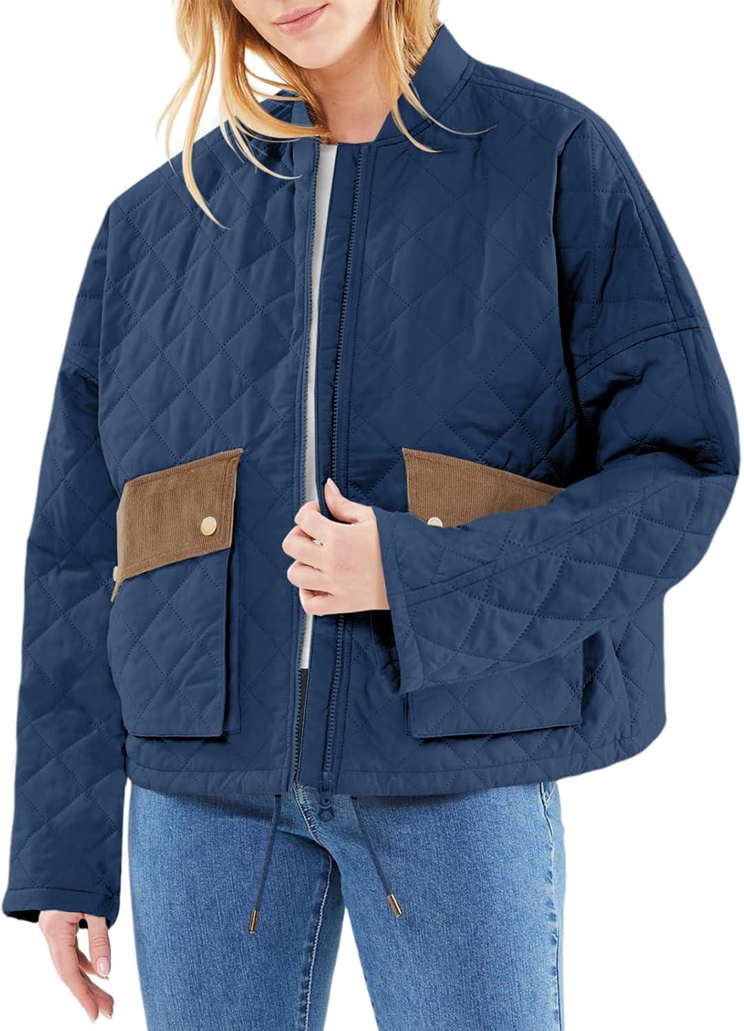 imageTankaneo Womens Quilted Puffer Jacket Winter Casual Zip Up Bomber Jackets Short Coat Outerwear with PocketsNavy