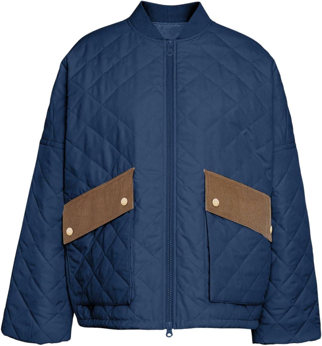 imageTankaneo Womens Quilted Puffer Jacket Winter Casual Zip Up Bomber Jackets Short Coat Outerwear with PocketsNavy