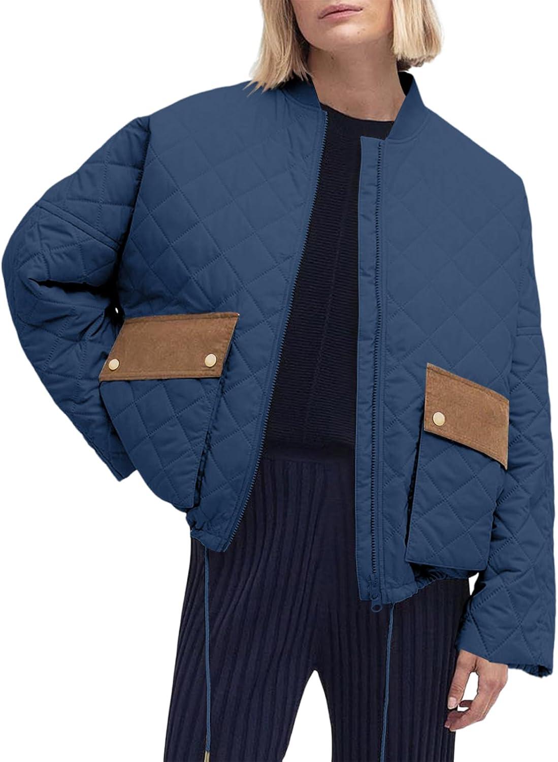 imageTankaneo Womens Quilted Puffer Jacket Winter Casual Zip Up Bomber Jackets Short Coat Outerwear with PocketsNavy